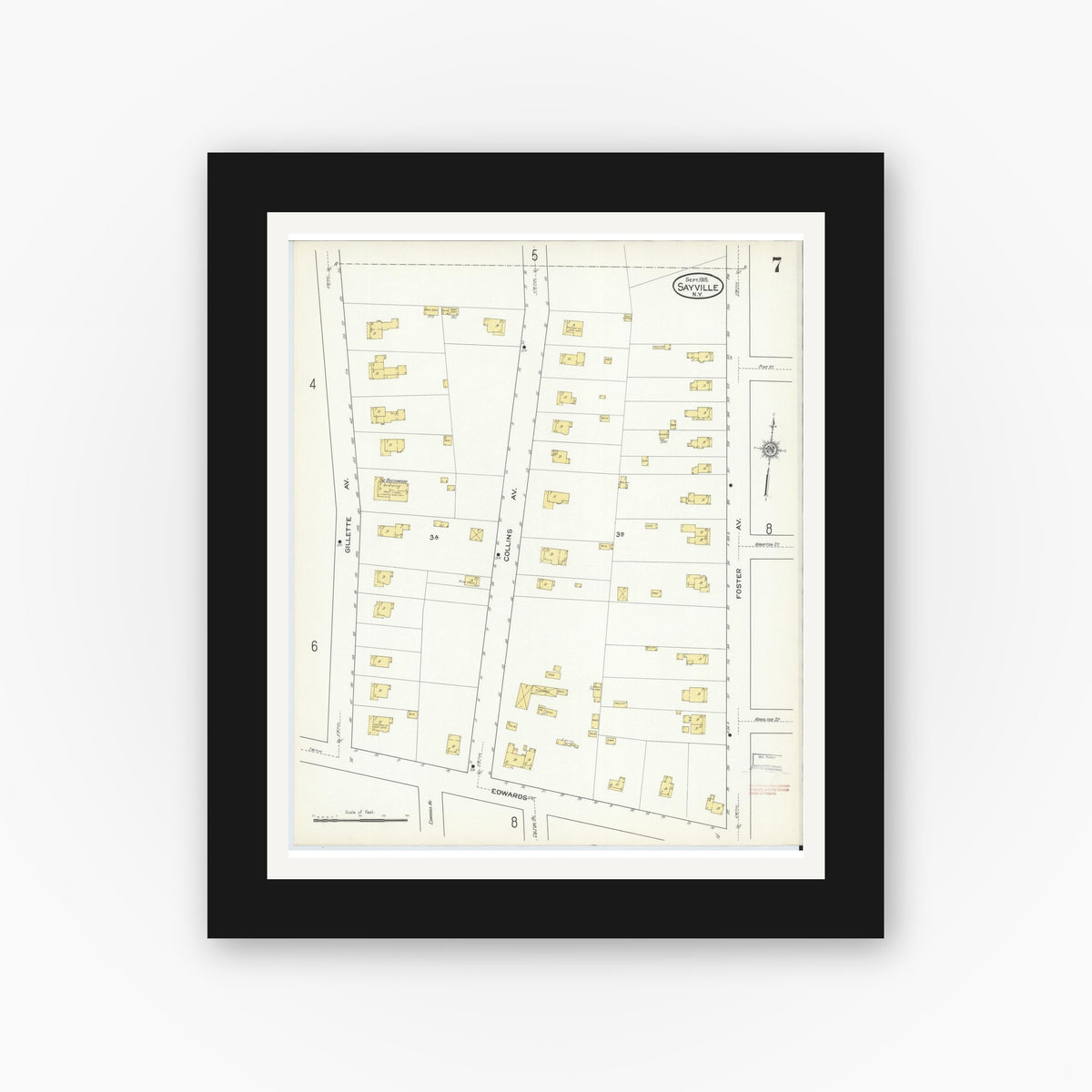 Old map wall art mockup — black gallery frame with white mat — Sanborn Fire Insurance Map from Sayville, Suffolk County, New York (1915), Sheet #0007