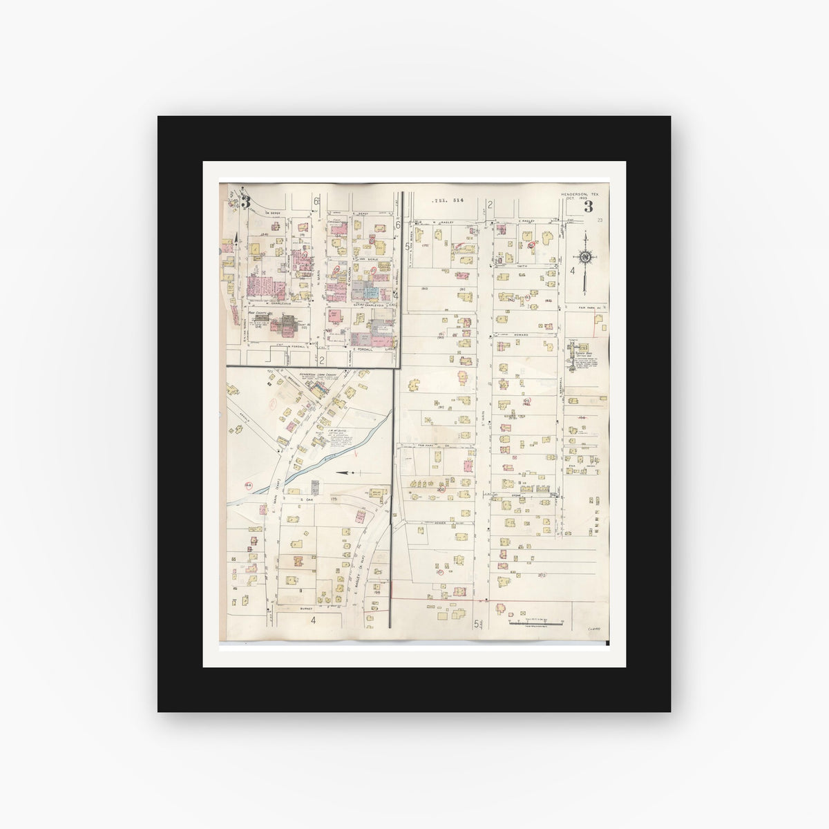 Old map wall art mockup — black gallery frame with white mat — Sanborn Fire Insurance Map from Henderson, Rusk County, Texas (1949), Sheet #0003