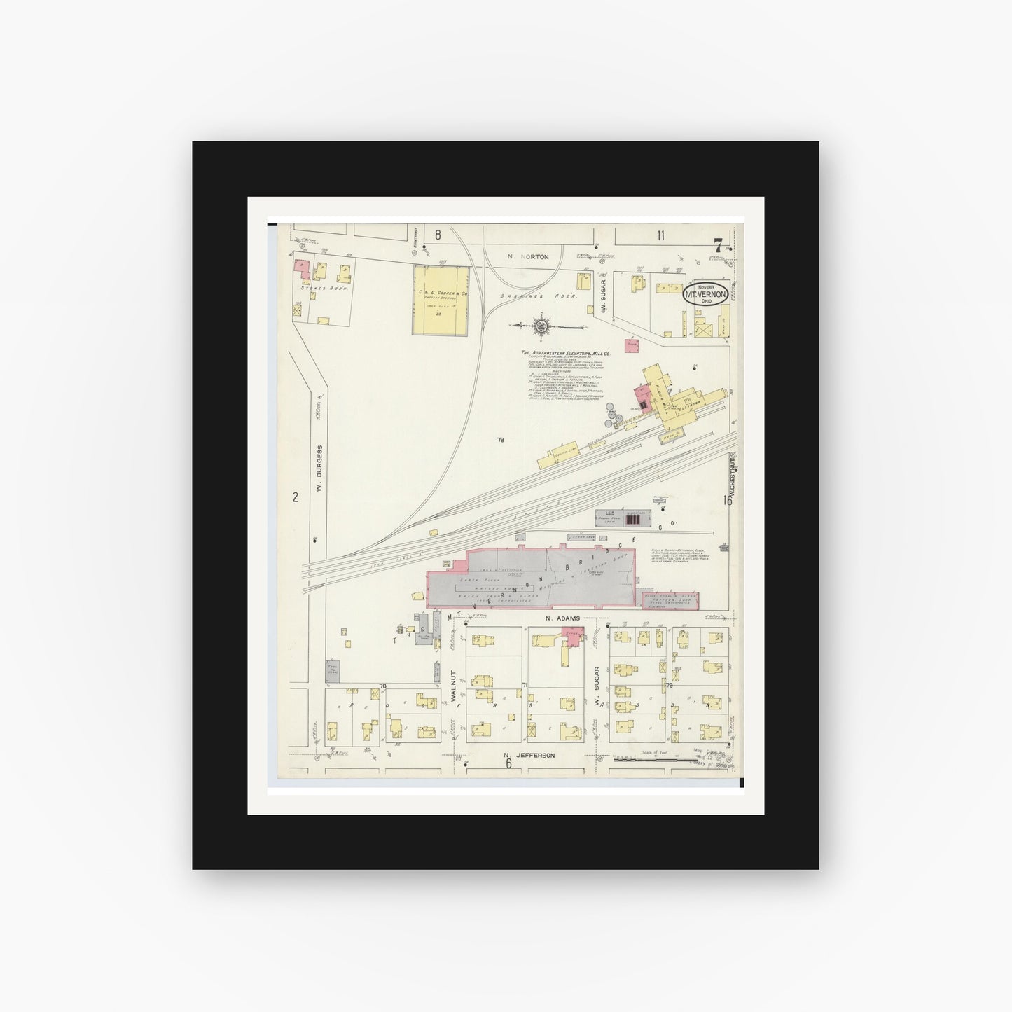 Old map wall art mockup — black gallery frame with white mat — Sanborn Fire Insurance Map from Mount Vernon, Knox County, Ohio (1913), Sheet #0007