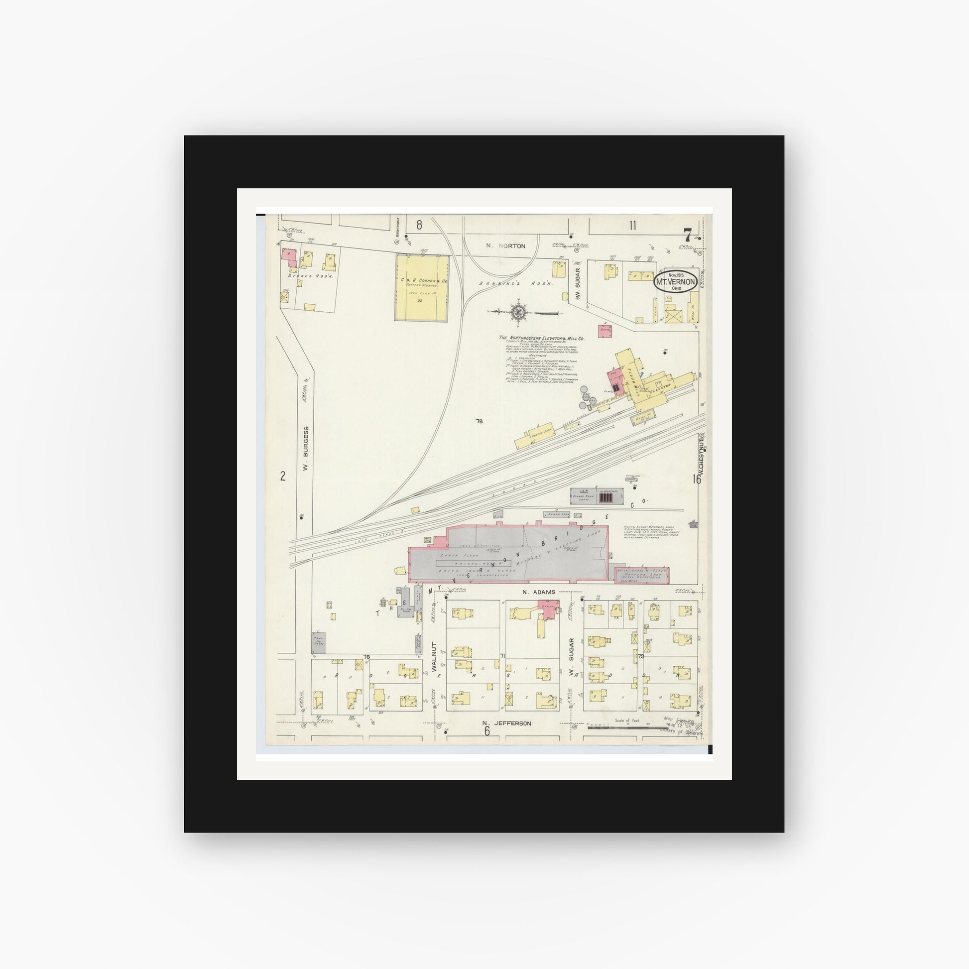 Old map wall art mockup — black gallery frame with white mat — Sanborn Fire Insurance Map from Mount Vernon, Knox County, Ohio (1913), Sheet #0007