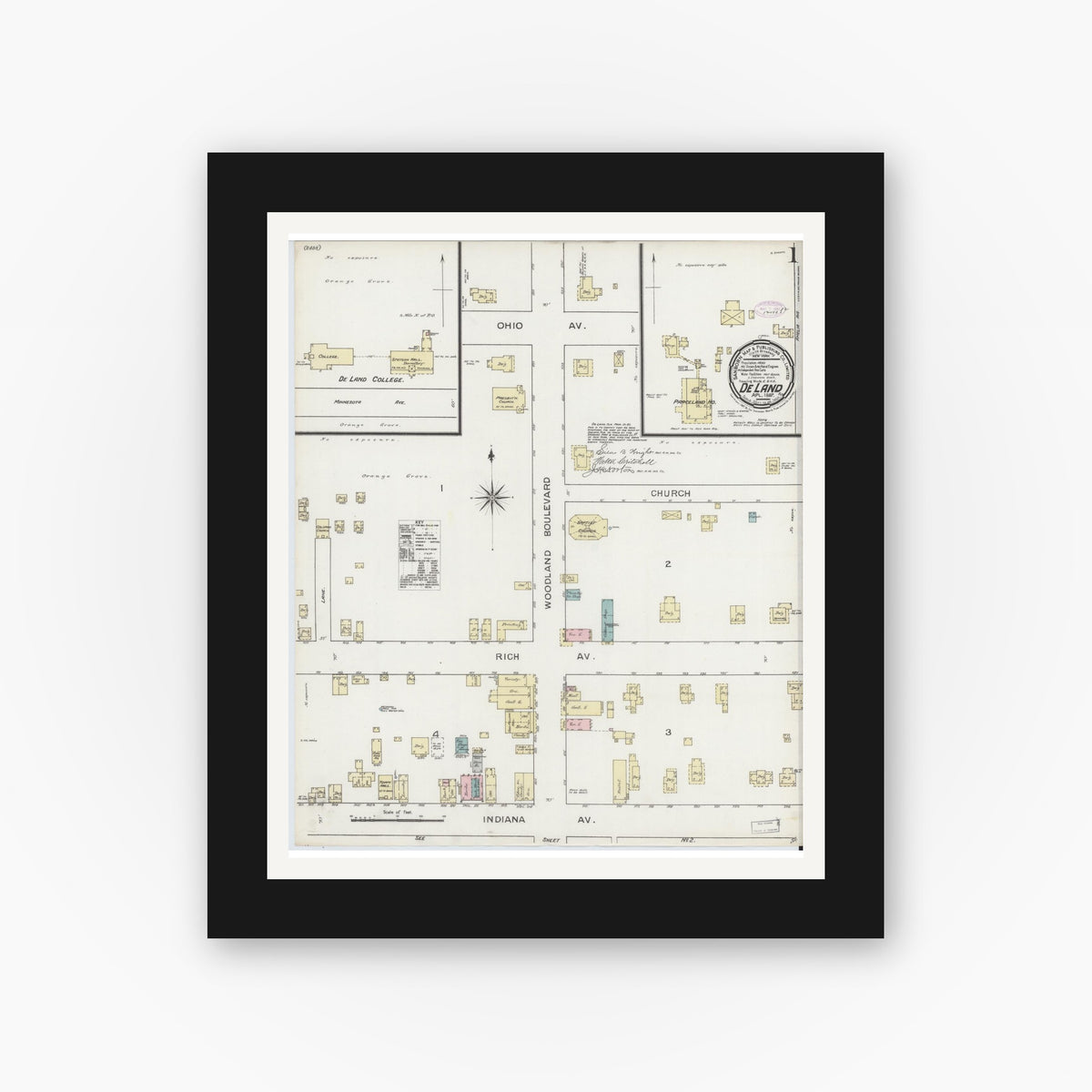 Old map wall art mockup — black gallery frame with white mat — Sanborn Fire Insurance Map from De Land, Volusia County, Florida (1887) - Complete Map Set