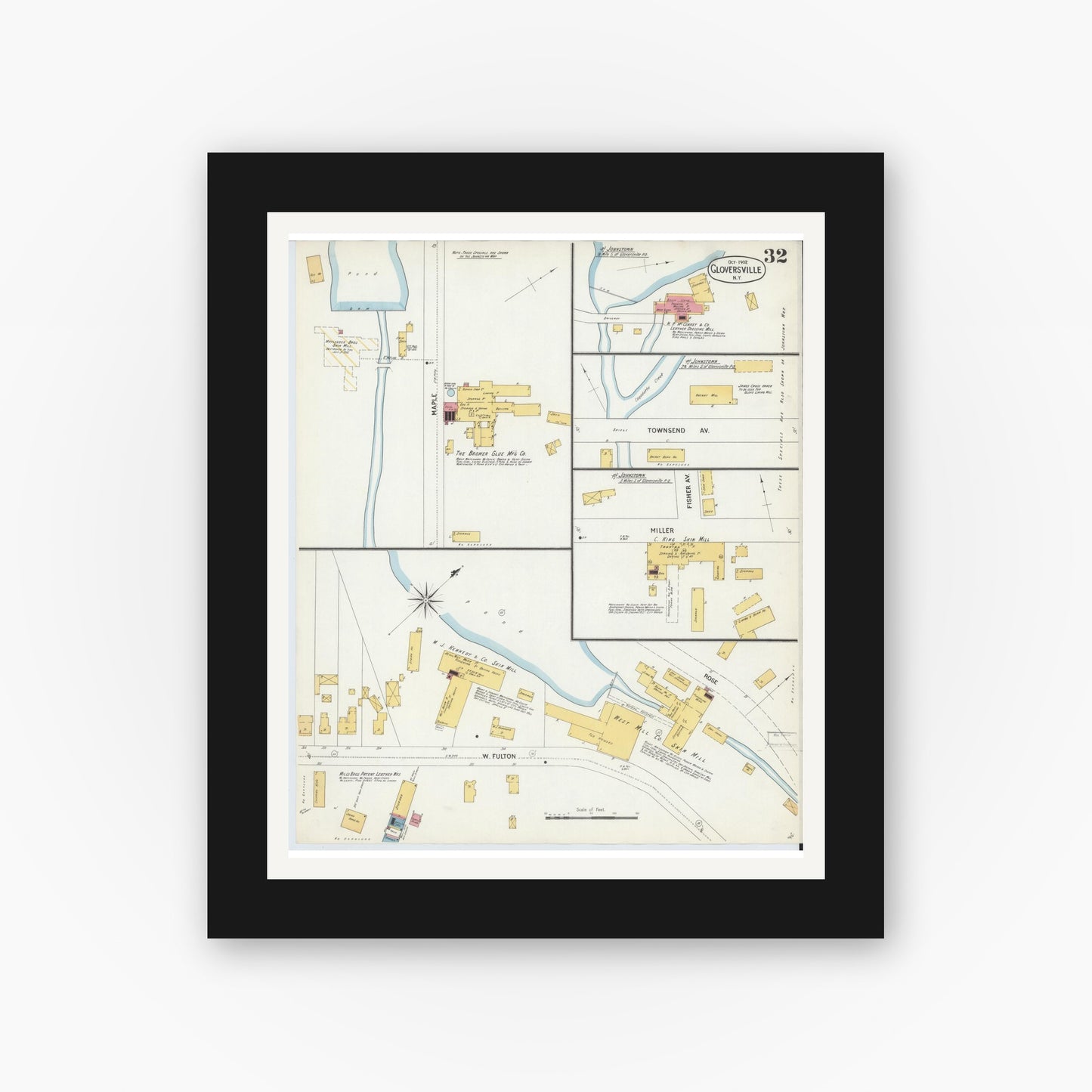 Old map wall art mockup — black gallery frame with white mat — Sanborn Fire Insurance Map from Gloversville, Fulton County, New York (1902), Sheet #0032