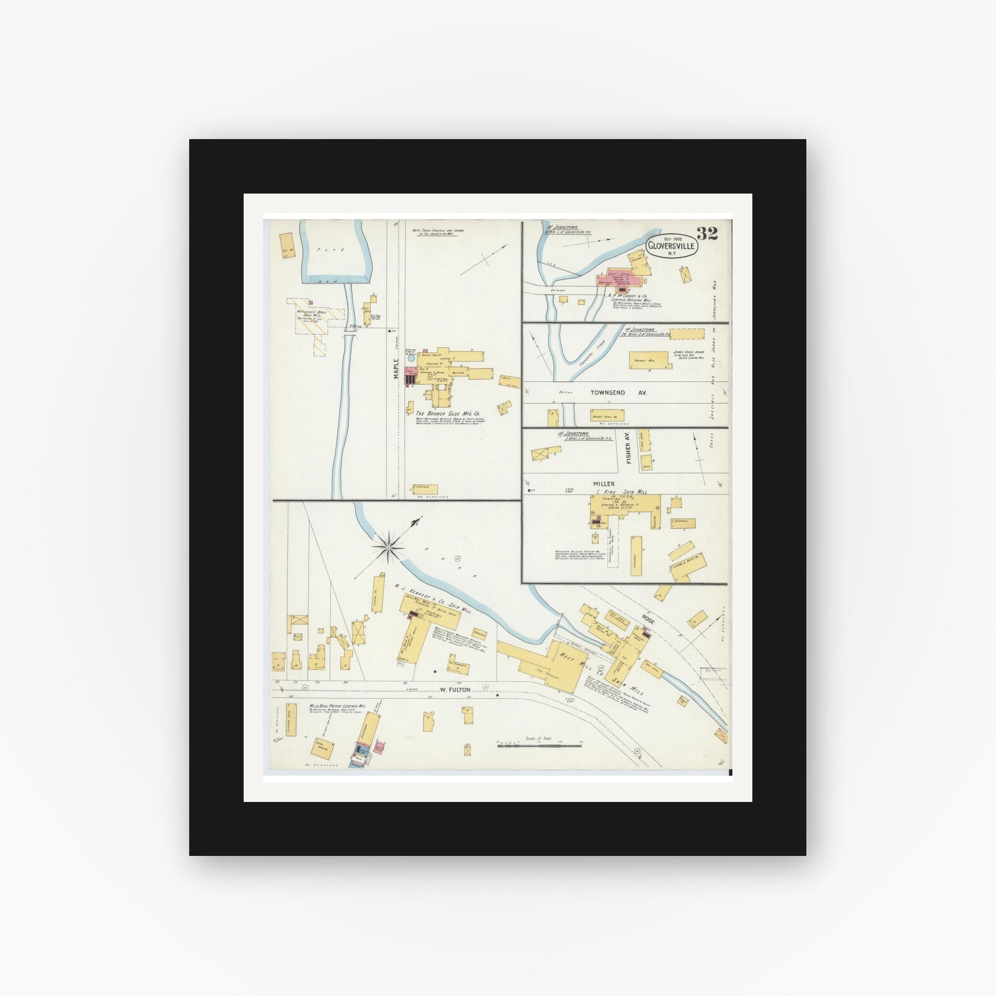 Old map wall art mockup — black gallery frame with white mat — Sanborn Fire Insurance Map from Gloversville, Fulton County, New York (1902), Sheet #0032