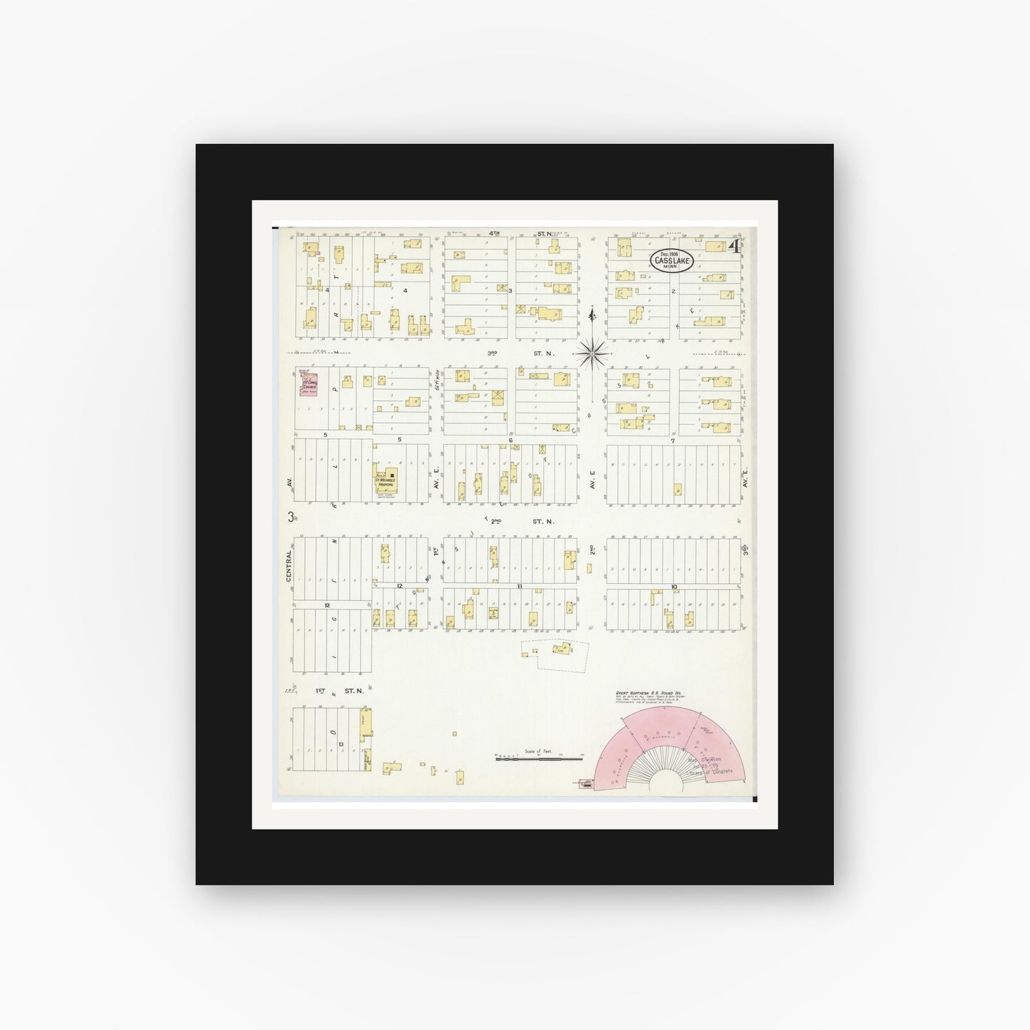 Old map wall art mockup — black gallery frame with white mat — Sanborn Fire Insurance Map from Cass Lake, Cass County, Minnesota (1908), Sheet #0004