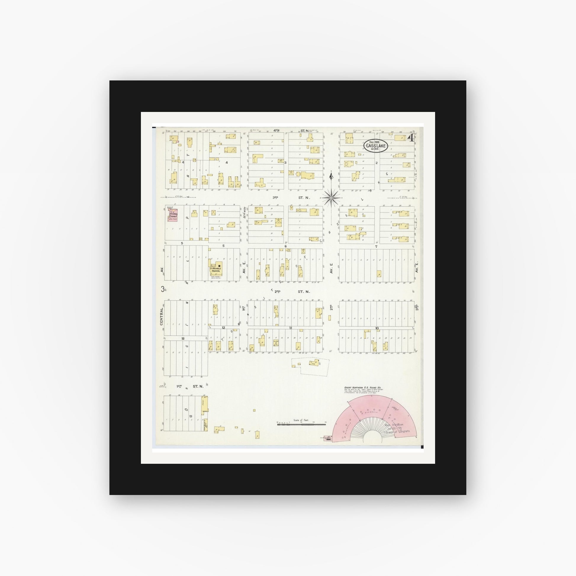 Old map wall art mockup — black gallery frame with white mat — Sanborn Fire Insurance Map from Cass Lake, Cass County, Minnesota (1908), Sheet #0004