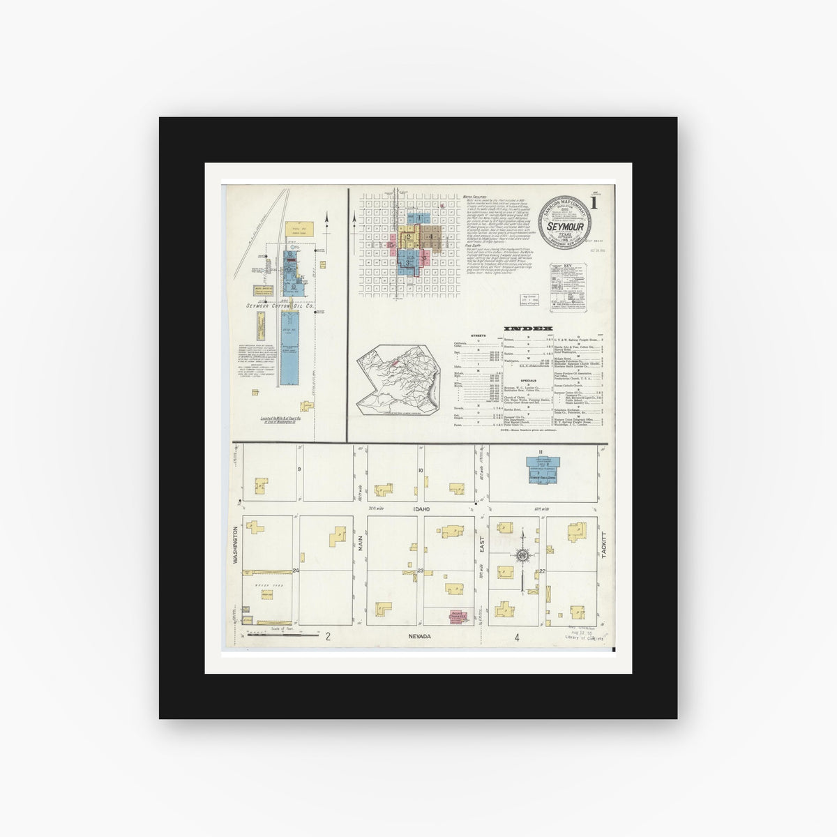 Old map wall art mockup — black gallery frame with white mat — Sanborn Fire Insurance Map from Seymour, Baylor County, Texas (1916), Sheet #0001