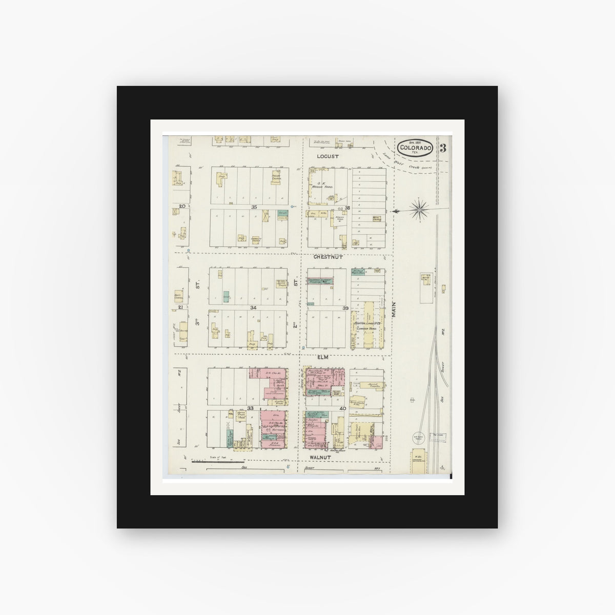Old map wall art mockup — black gallery frame with white mat — Sanborn Fire Insurance Map from Colorado, Mitchell County, Texas (1891), Sheet #0003
