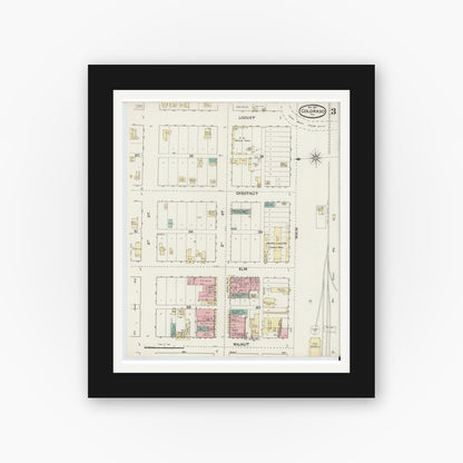 Old map wall art mockup — black gallery frame with white mat — Sanborn Fire Insurance Map from Colorado, Mitchell County, Texas (1891), Sheet #0003