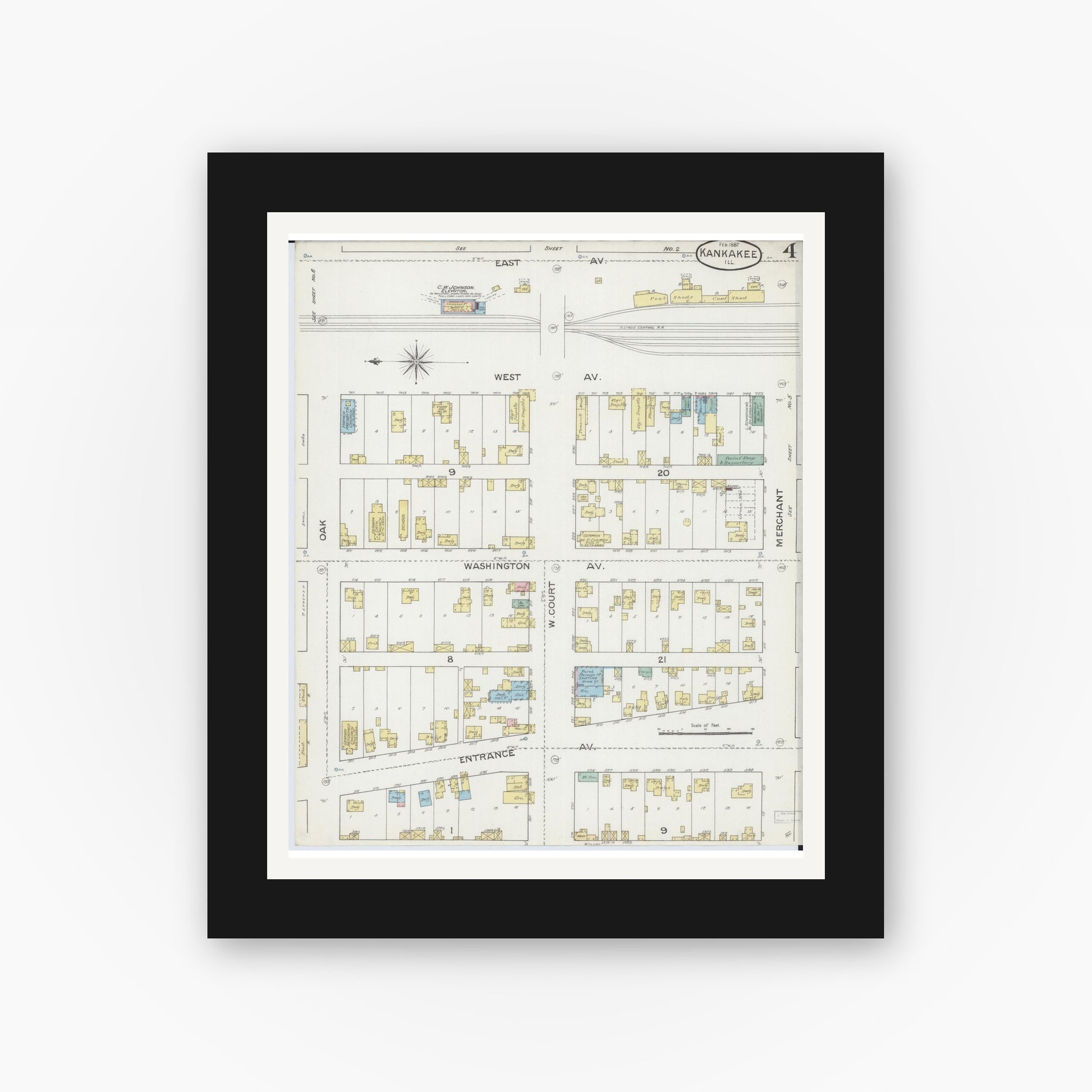 Old map wall art mockup — black gallery frame with white mat — Sanborn Fire Insurance Map from Kankakee, Kankakee County, Illinois (1887), Sheet #0004