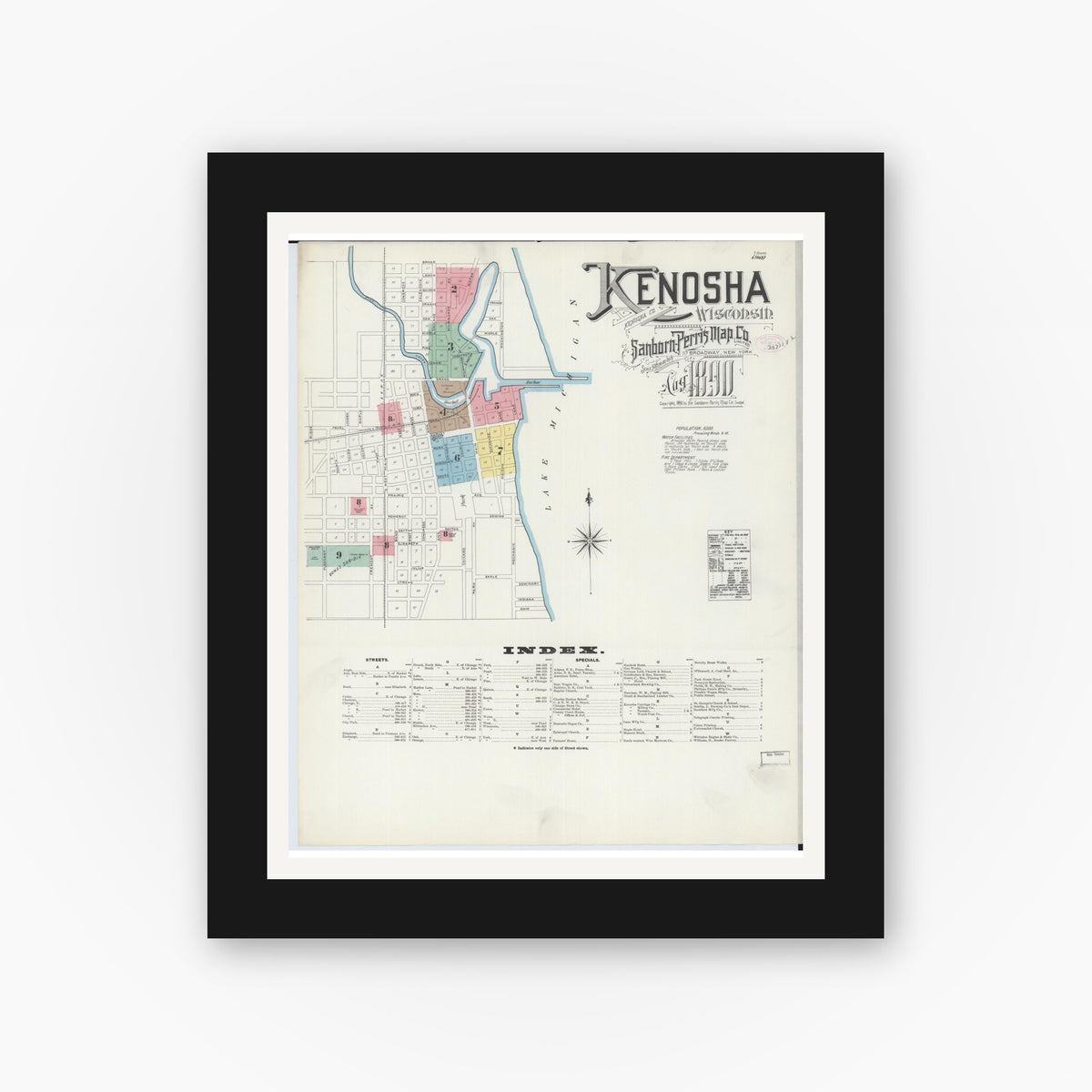 Old map wall art mockup — black gallery frame with white mat — Sanborn Fire Insurance Map from Kenosha, Kenosha County, Wisconsin (1890) - Complete Map Set