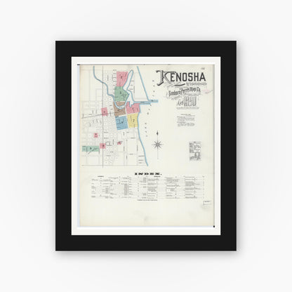 Old map wall art mockup — black gallery frame with white mat — Sanborn Fire Insurance Map from Kenosha, Kenosha County, Wisconsin (1890) - Complete Map Set
