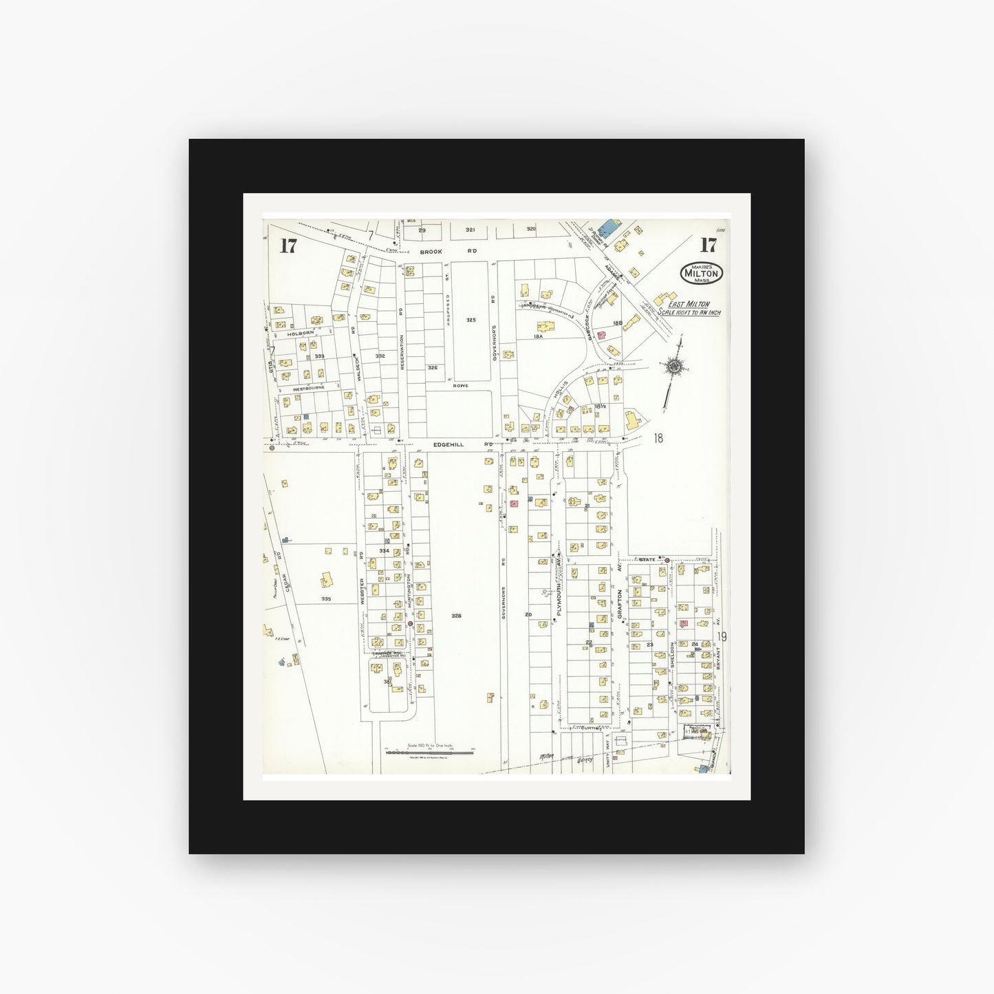 Old map wall art mockup — black gallery frame with white mat — Sanborn Fire Insurance Map from Milton, Norfolk County, Massachusetts (1923), Sheet #0017