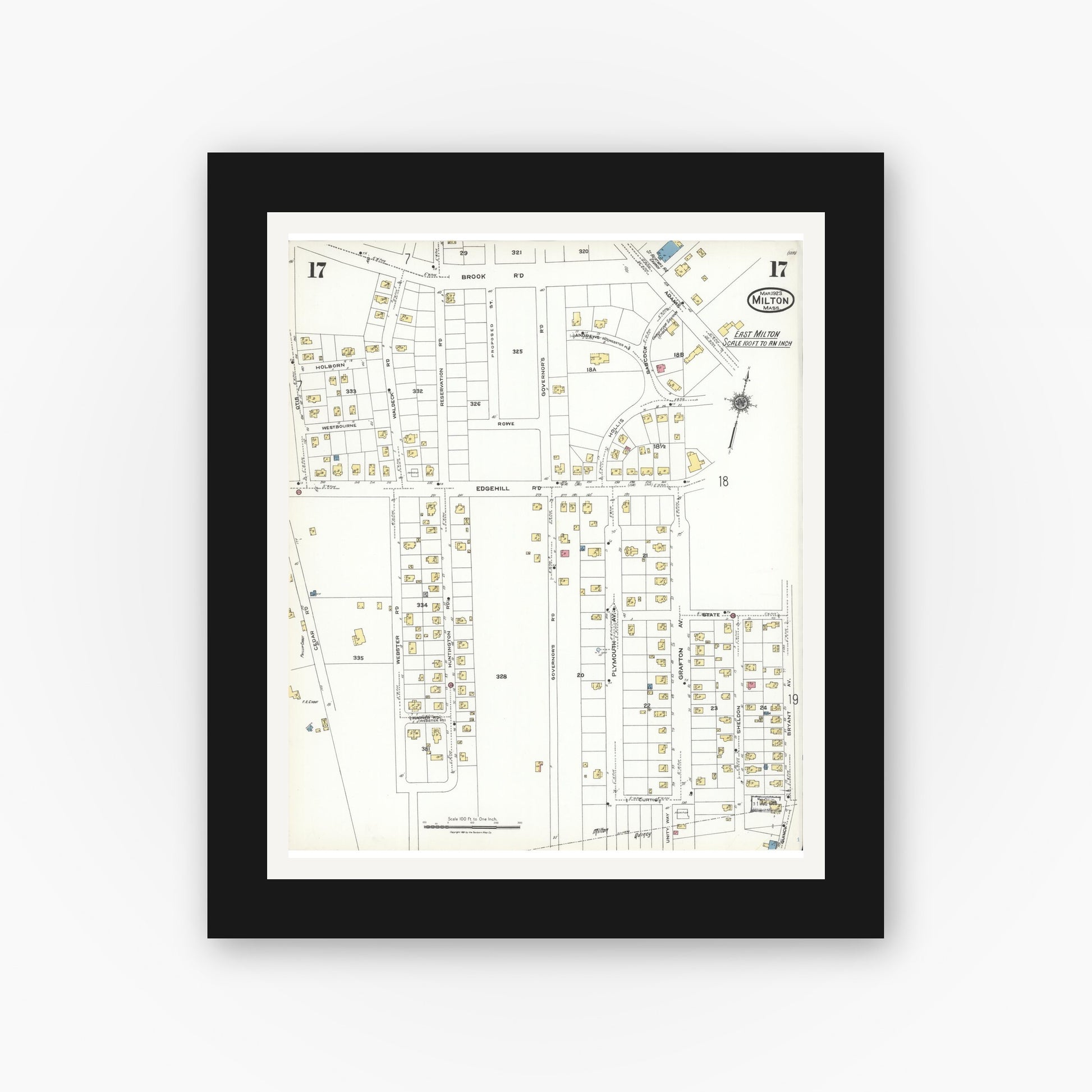 Old map wall art mockup — black gallery frame with white mat — Sanborn Fire Insurance Map from Milton, Norfolk County, Massachusetts (1923), Sheet #0017