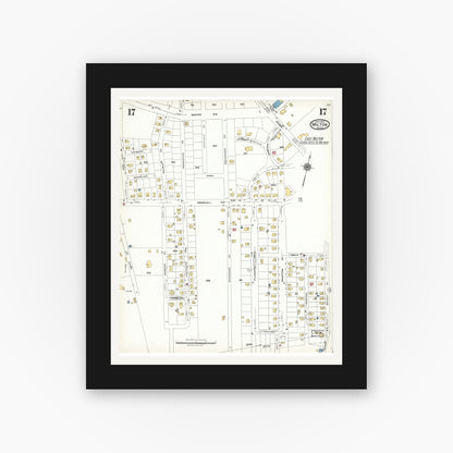 Old map wall art mockup — black gallery frame with white mat — Sanborn Fire Insurance Map from Milton, Norfolk County, Massachusetts (1923), Sheet #0017