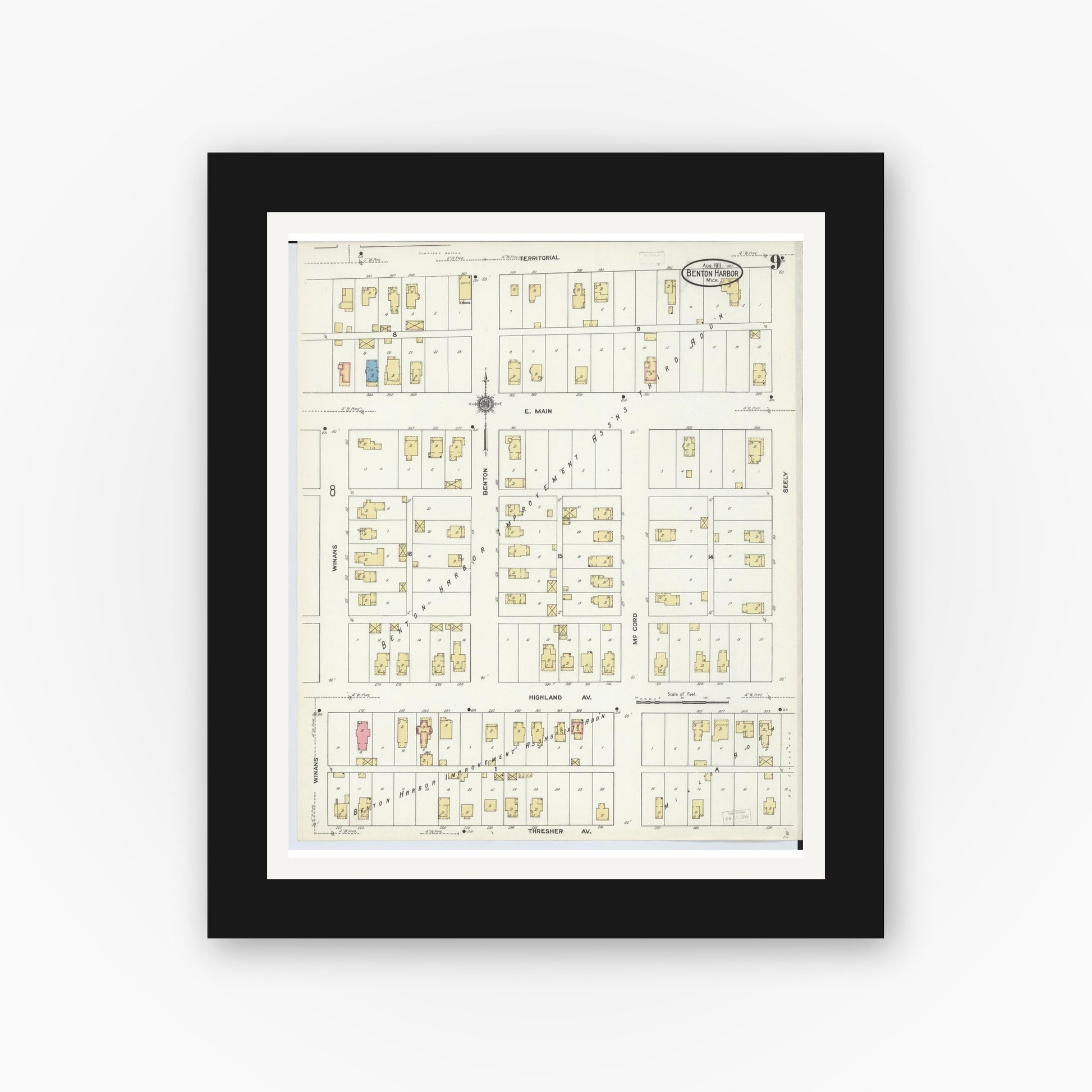 Old map wall art mockup — black gallery frame with white mat — Sanborn Fire Insurance Map from Benton Harbor, Berrien County, Michigan (1911), Sheet #0009