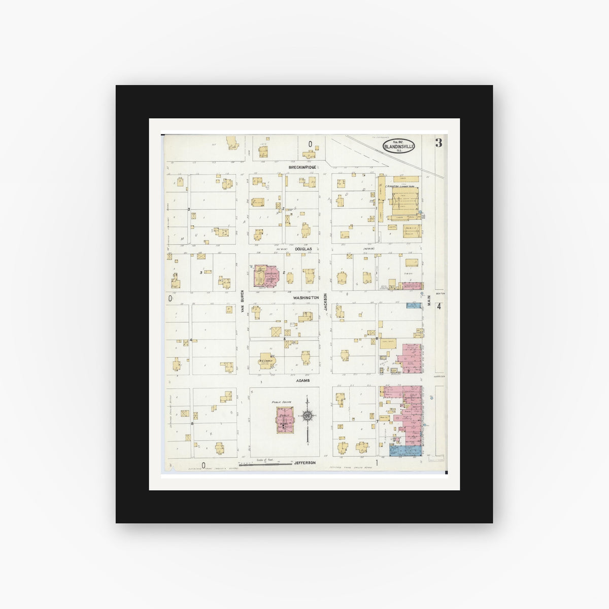 Old map wall art mockup — black gallery frame with white mat — Sanborn Fire Insurance Map from Blandinsville, Mcdonough County, Illinois (1912), Sheet #0003
