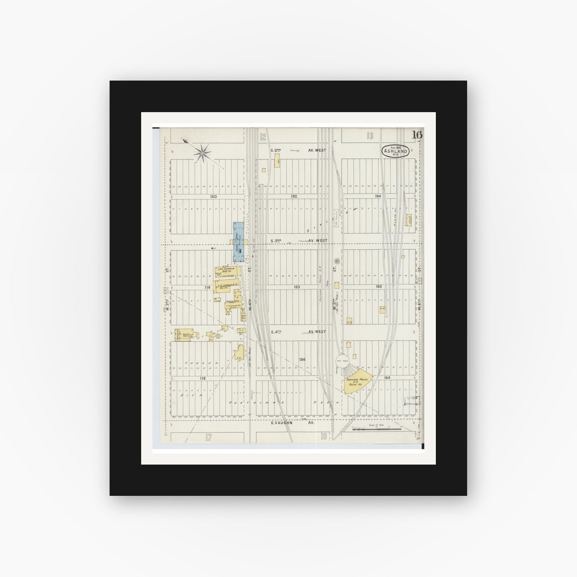 Old map wall art mockup — black gallery frame with white mat — Sanborn Fire Insurance Map from Ashland, Ashland County, Wisconsin (1895), Sheet #0016