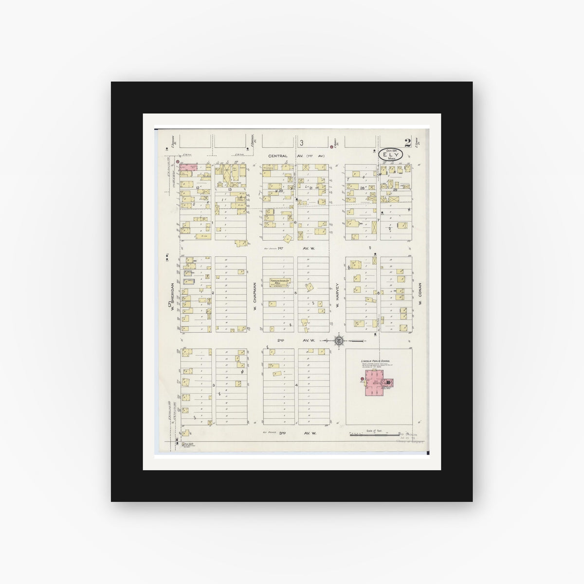 Old map wall art mockup — black gallery frame with white mat — Sanborn Fire Insurance Map from Ely, Saint Louis County, Minnesota (1914), Sheet #0002