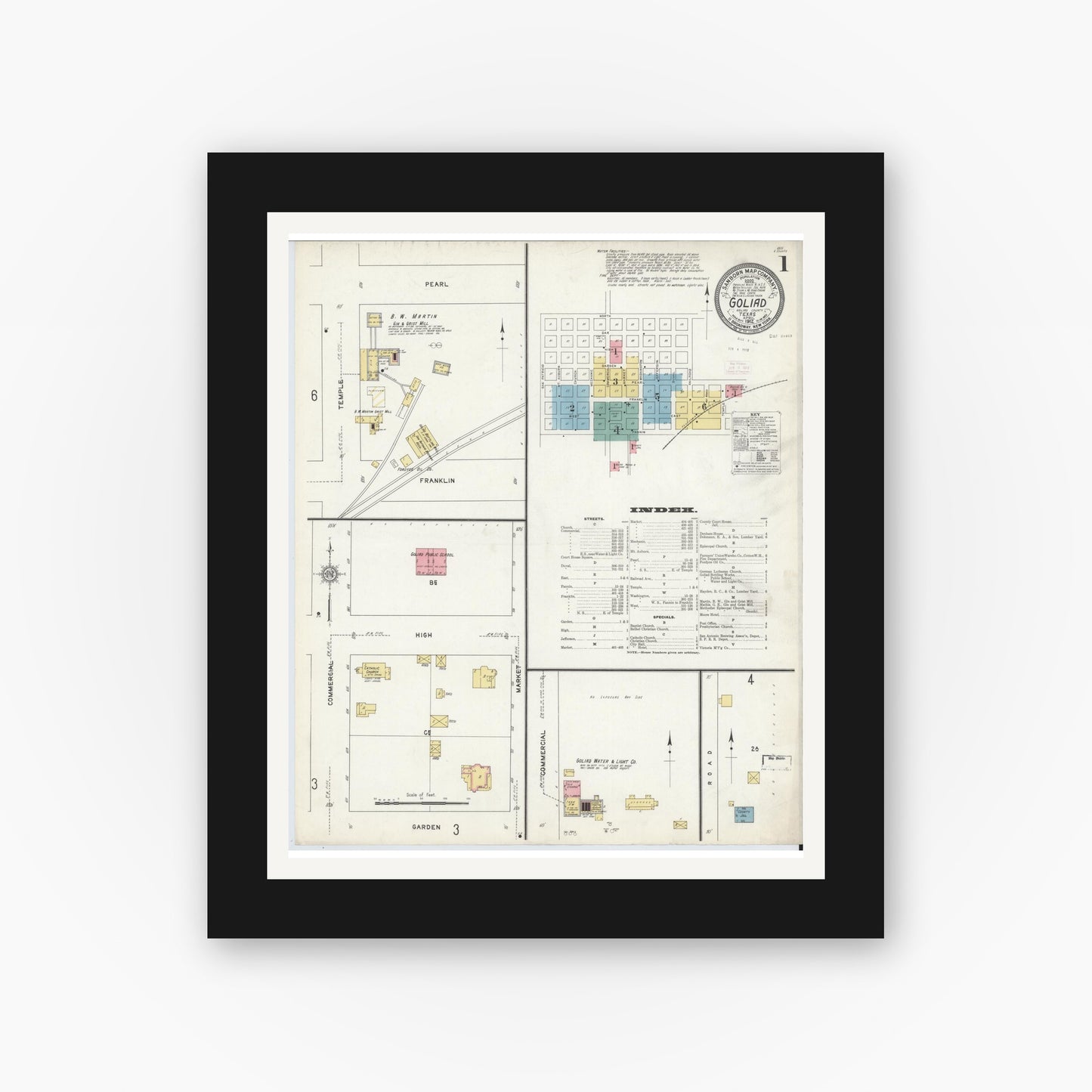 Old map wall art mockup — black gallery frame with white mat — Sanborn Fire Insurance Map from Goliad, Goliad County, Texas (1912), Sheet #0001