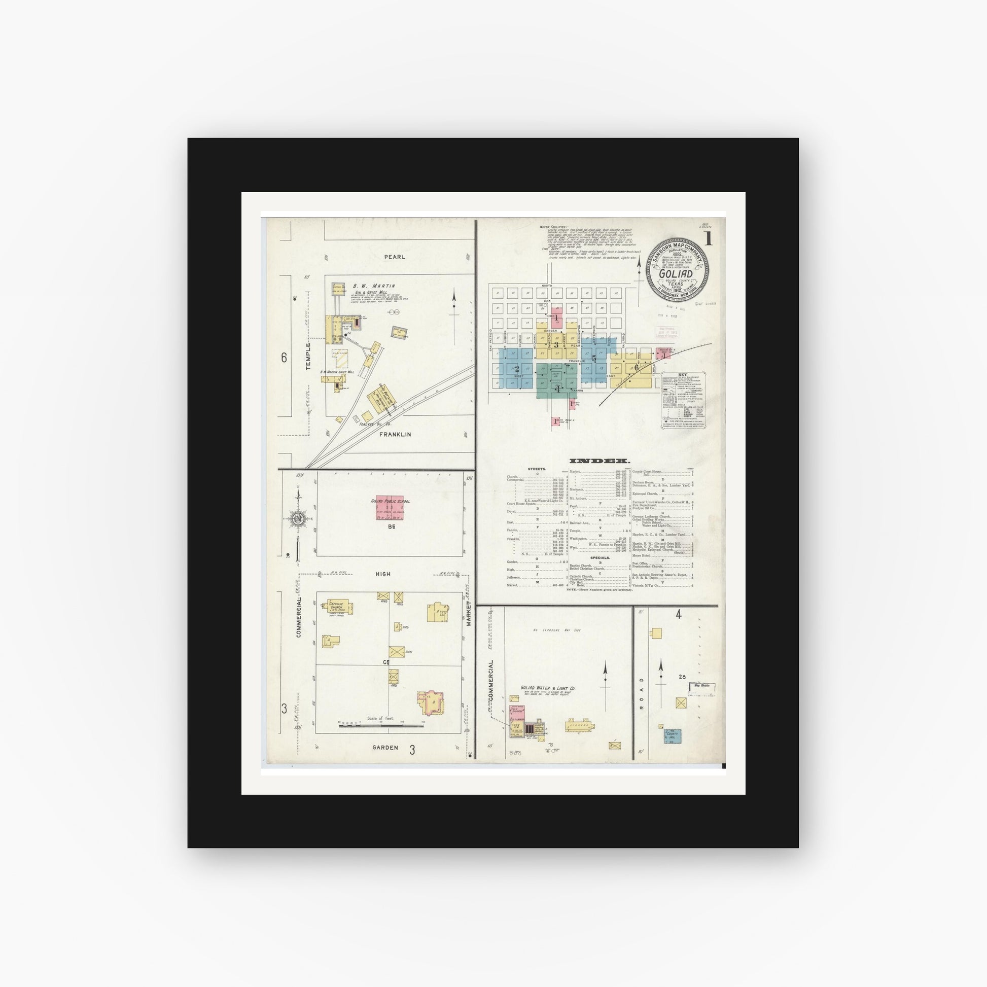 Old map wall art mockup — black gallery frame with white mat — Sanborn Fire Insurance Map from Goliad, Goliad County, Texas (1912), Sheet #0001
