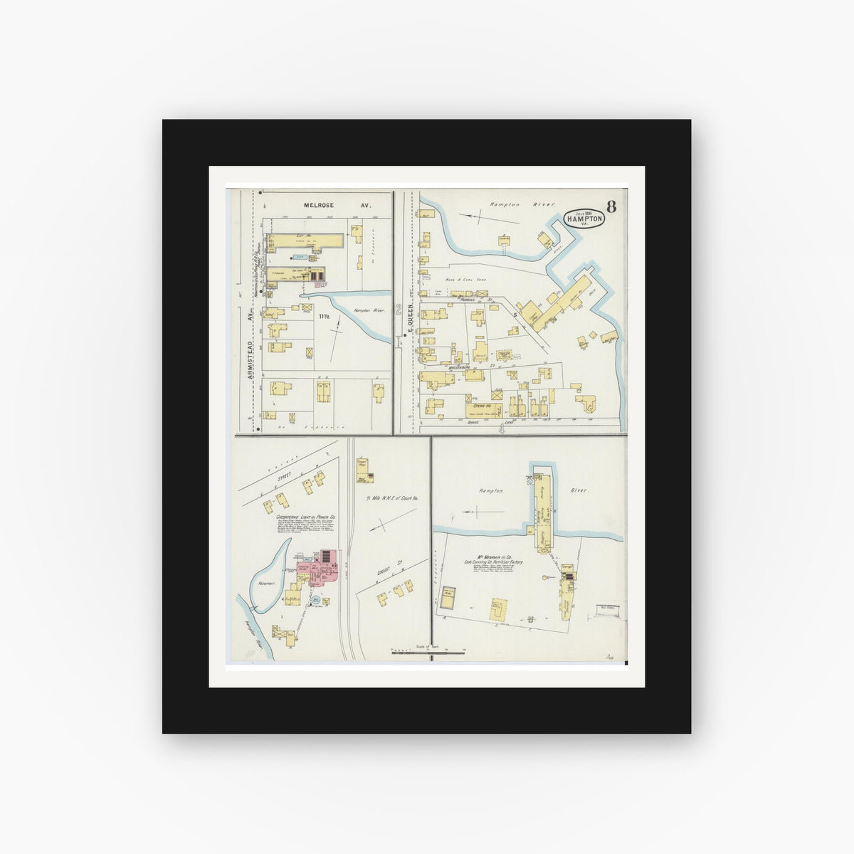 Old map wall art mockup — black gallery frame with white mat — Sanborn Fire Insurance Map from Hampton, Independent Cities, Virginia (1895), Sheet #0008