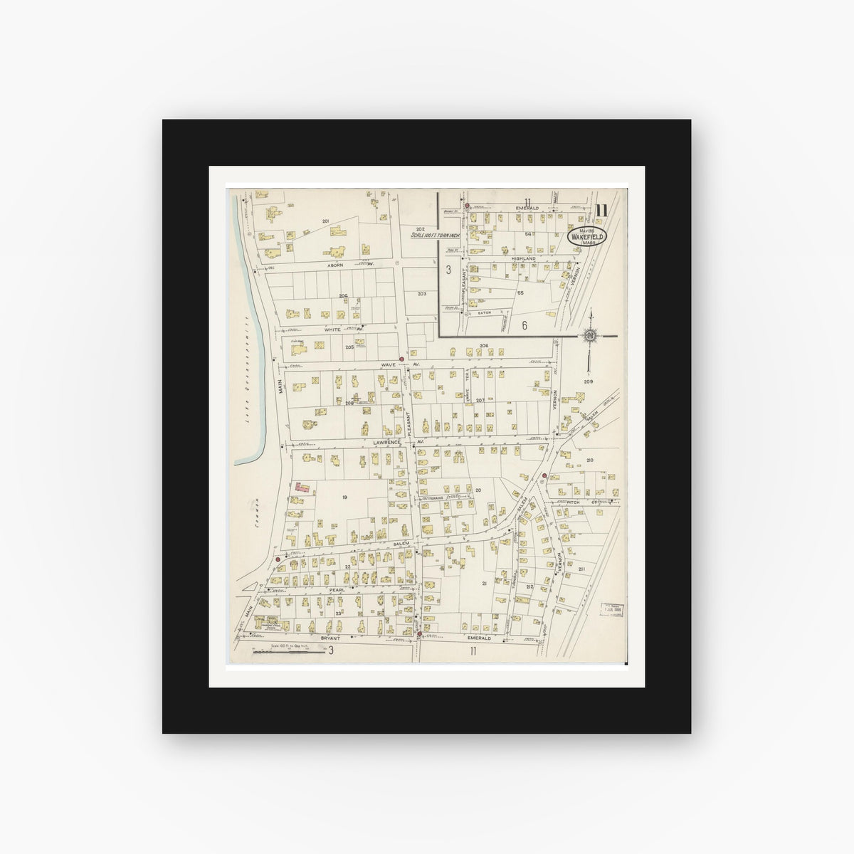 Old map wall art mockup — black gallery frame with white mat — Sanborn Fire Insurance Map from Wakefield, Middlesex County, Massachusetts (1915), Sheet #0011
