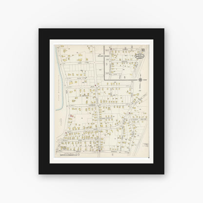 Old map wall art mockup — black gallery frame with white mat — Sanborn Fire Insurance Map from Wakefield, Middlesex County, Massachusetts (1915), Sheet #0011