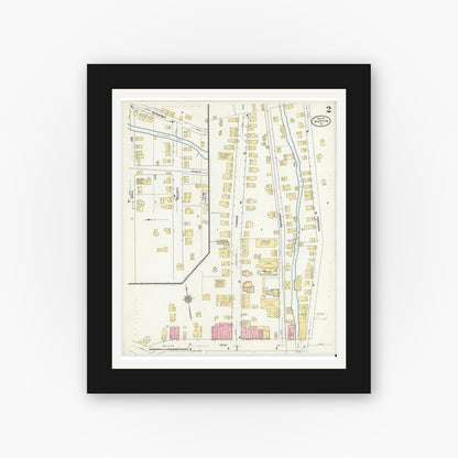 Old map wall art mockup — black gallery frame with white mat — Sanborn Fire Insurance Map from Austin, Potter County, Pennsylvania (1911), Sheet #0002