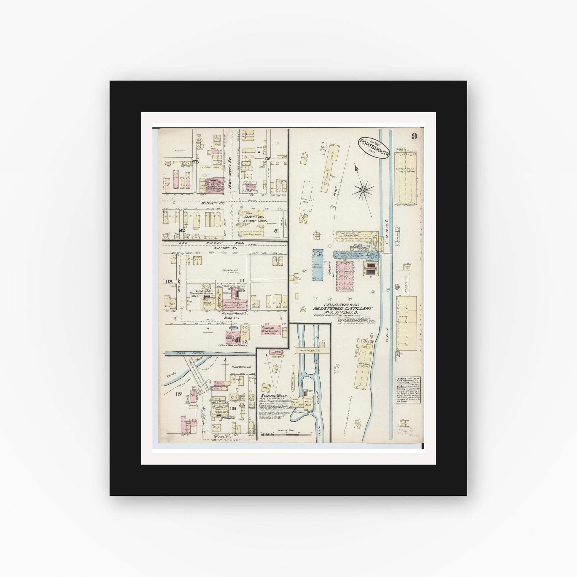 Old map wall art mockup — black gallery frame with white mat — Sanborn Fire Insurance Map from Portsmouth, Scioto County, Ohio (1884), Sheet #0009