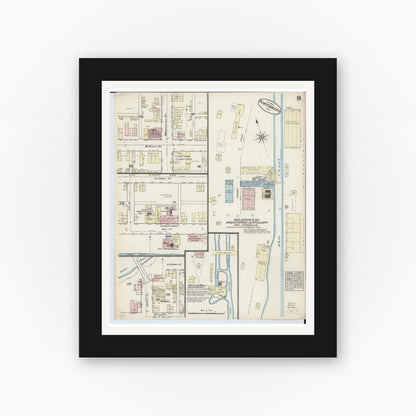 Old map wall art mockup — black gallery frame with white mat — Sanborn Fire Insurance Map from Portsmouth, Scioto County, Ohio (1884), Sheet #0009