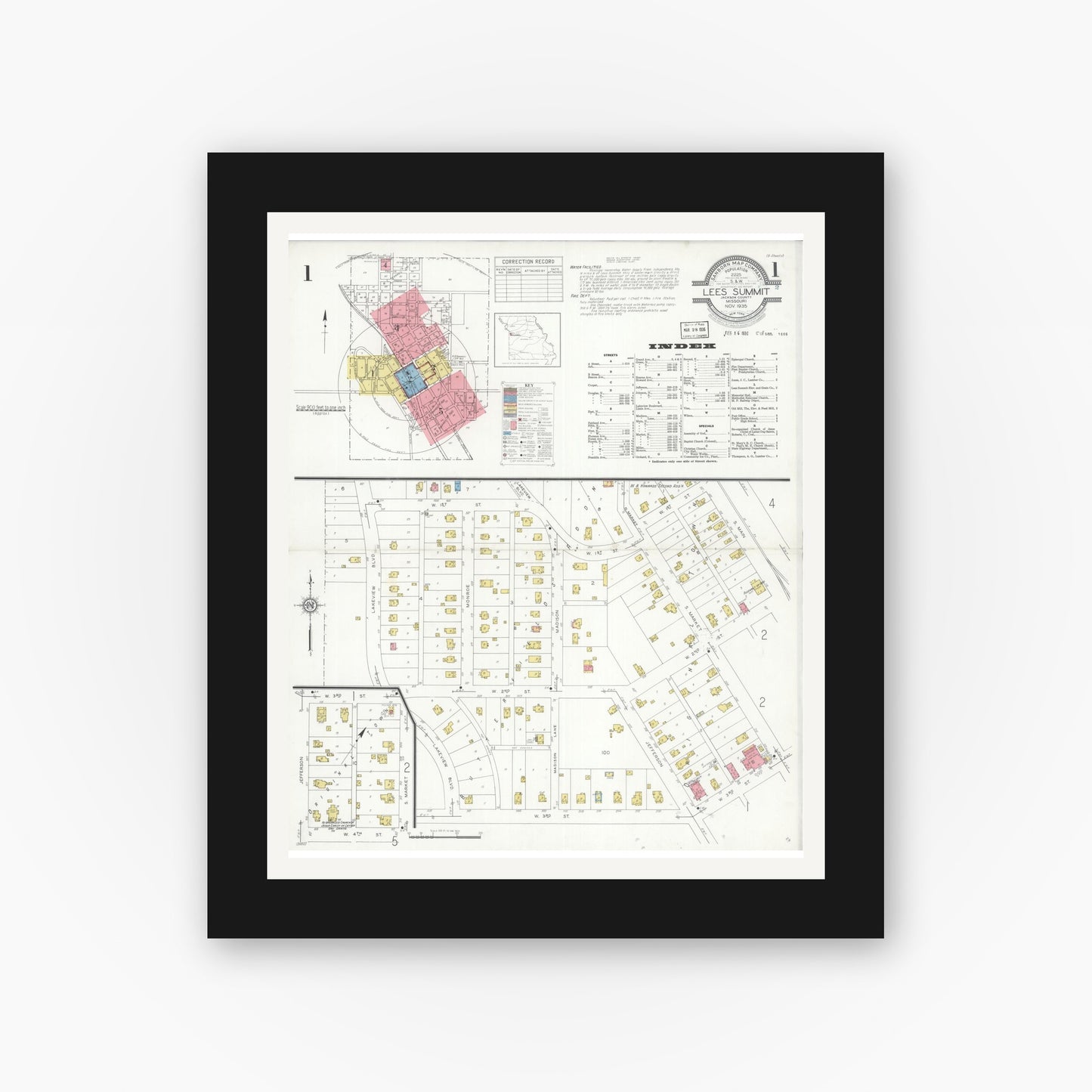 Old map wall art mockup — black gallery frame with white mat — Sanborn Fire Insurance Map from Lee's Summit, Jackson County, Missouri (1935) - Complete Map Set