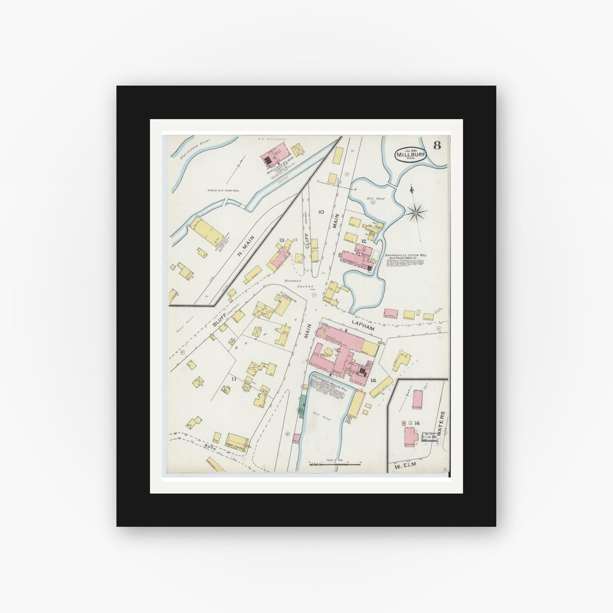 Old map wall art mockup — black gallery frame with white mat — Sanborn Fire Insurance Map from Millbury, Worcester County, Massachusetts (1894), Sheet #0008