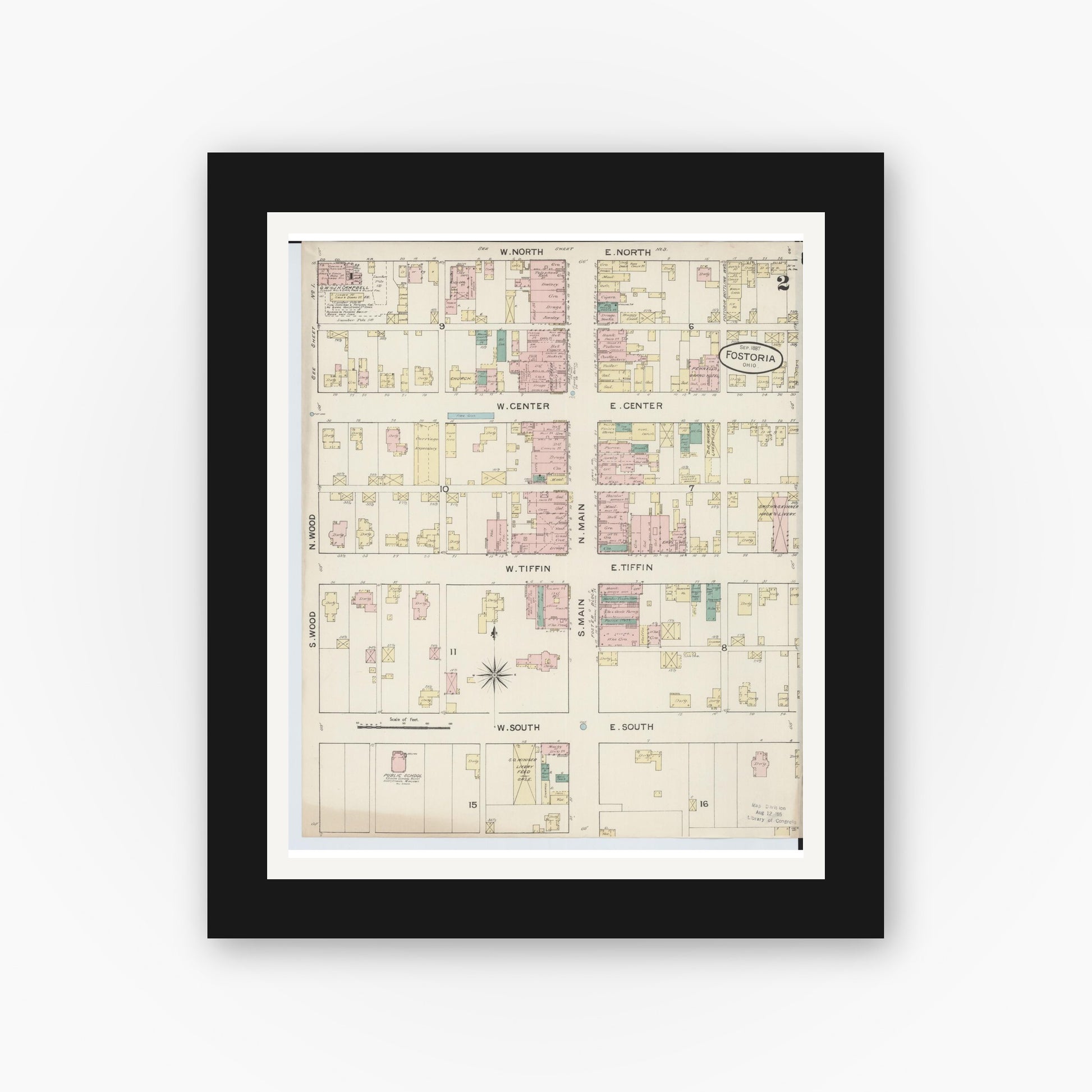 Old map wall art mockup — black gallery frame with white mat — Sanborn Fire Insurance Map from Fostoria, Seneca, Hancock, And Wood Counties, Ohio (1887), Sheet #0002