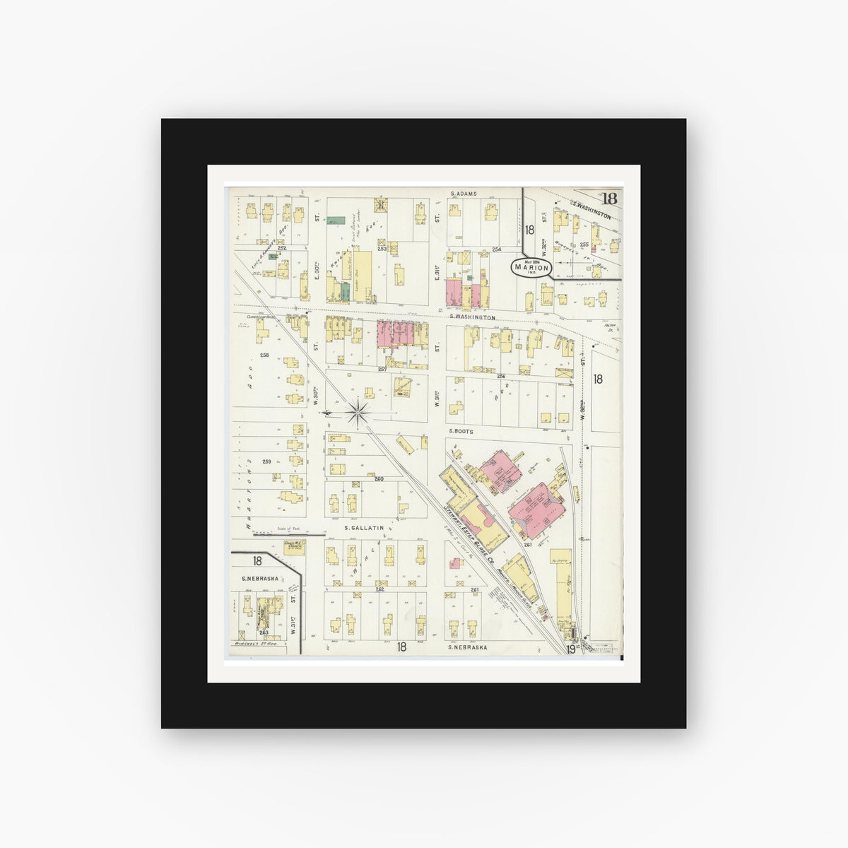 Old map wall art mockup — black gallery frame with white mat — Sanborn Fire Insurance Map from Marion, Grant County, Indiana (1896), Sheet #0018