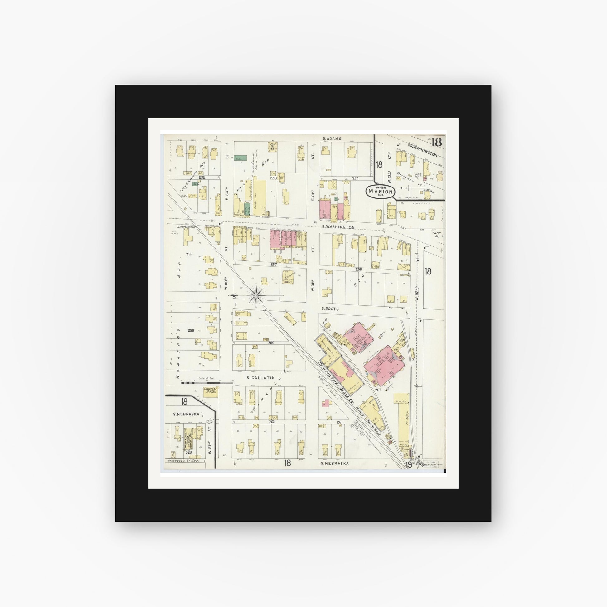 Old map wall art mockup — black gallery frame with white mat — Sanborn Fire Insurance Map from Marion, Grant County, Indiana (1896), Sheet #0018