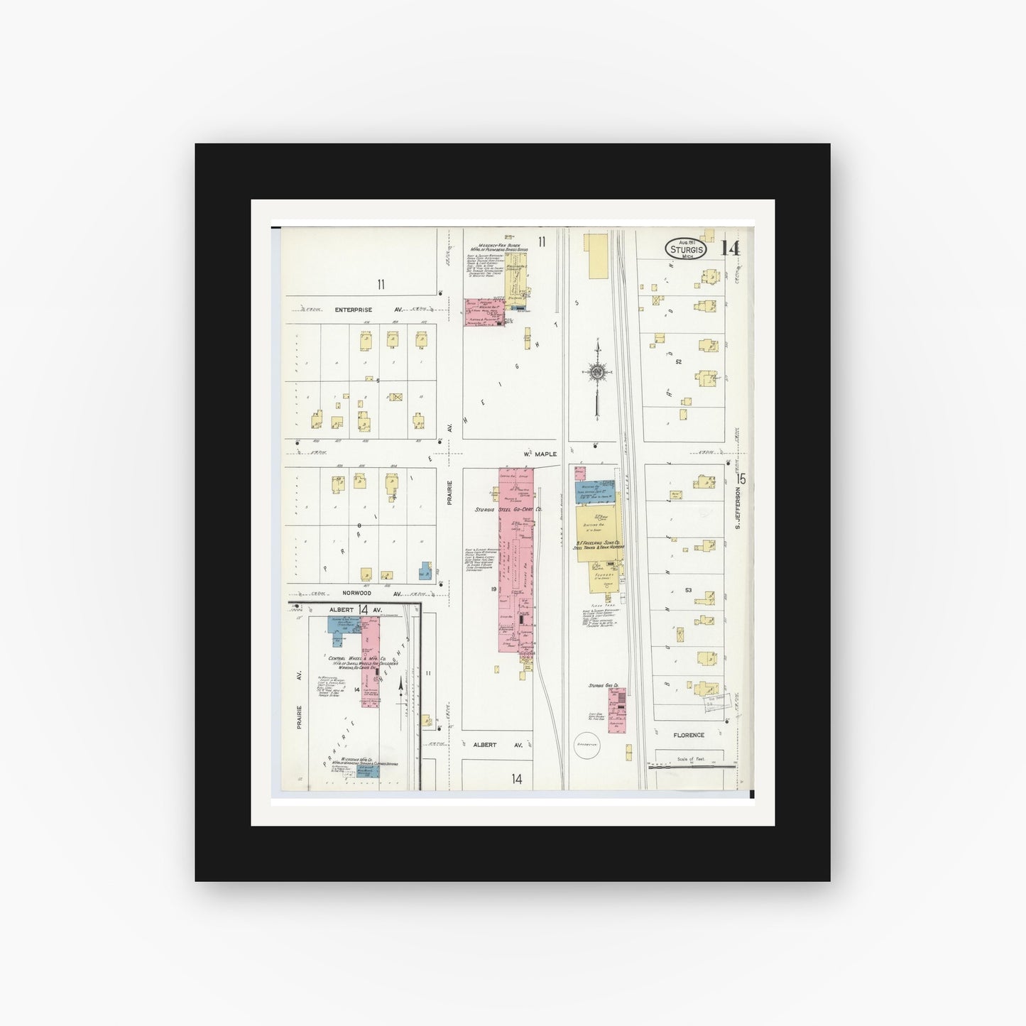 Old map wall art mockup — black gallery frame with white mat — Sanborn Fire Insurance Map from Sturgis, Saint Joseph County, Michigan (1911), Sheet #0014