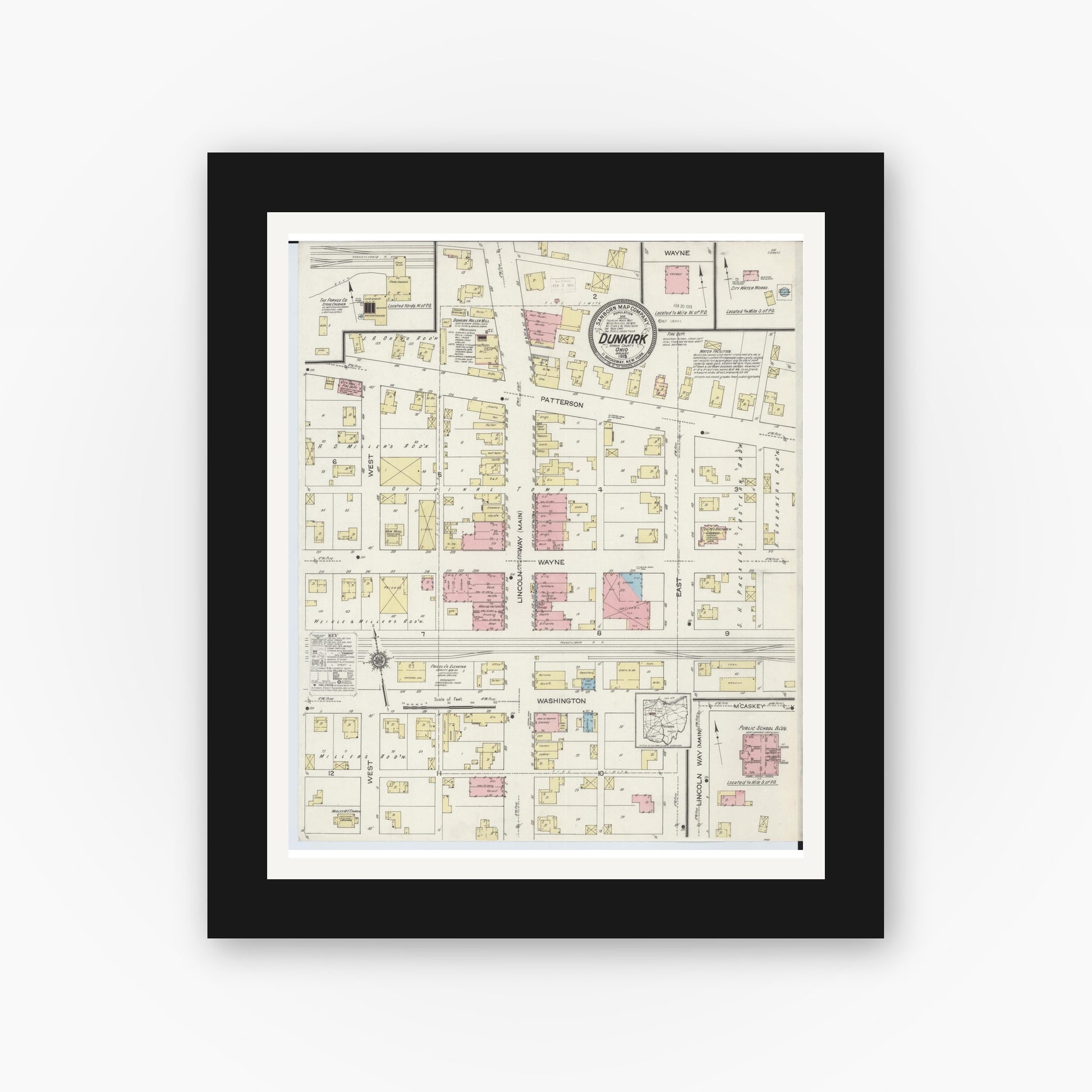 Old map wall art mockup — black gallery frame with white mat — Sanborn Fire Insurance Map from Dunkirk, Hardin County, Ohio (1915), Sheet #0001