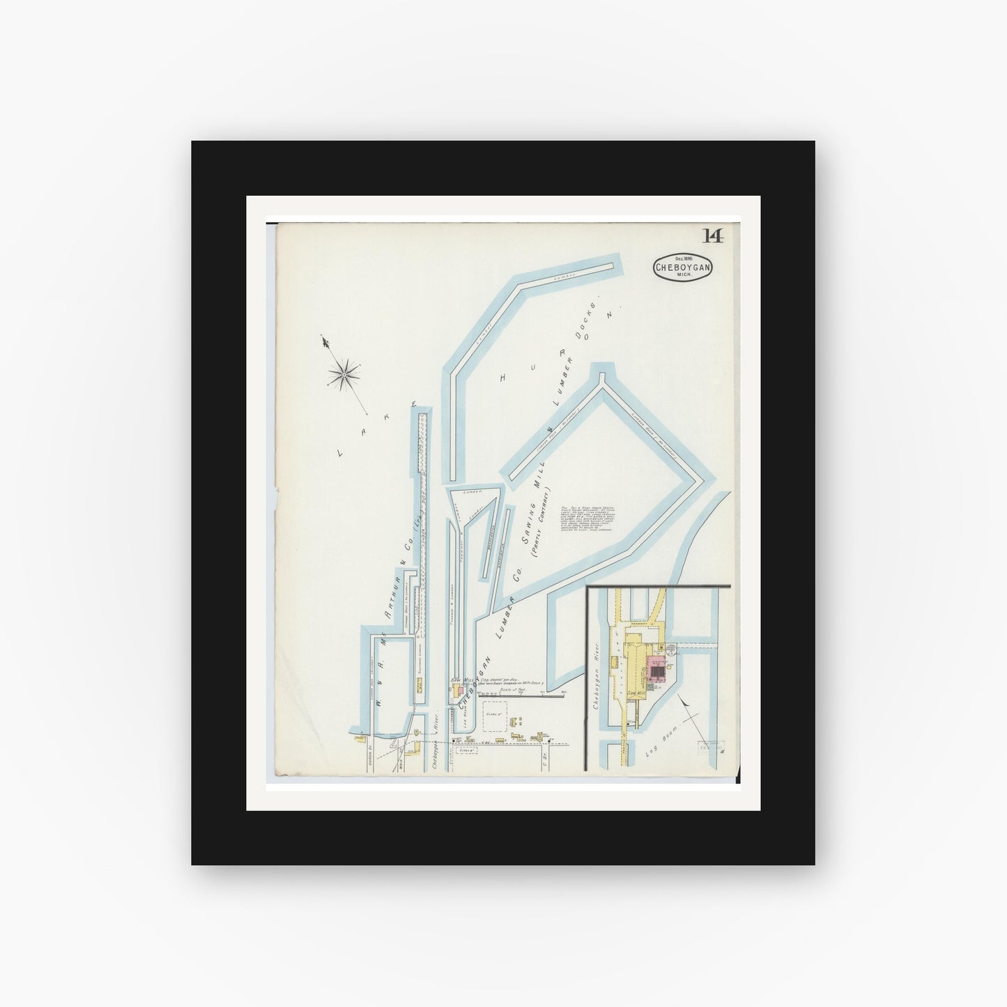 Old map wall art mockup — black gallery frame with white mat — Sanborn Fire Insurance Map from Cheboygan, Cheboygan County, Michigan (1895), Sheet #0014