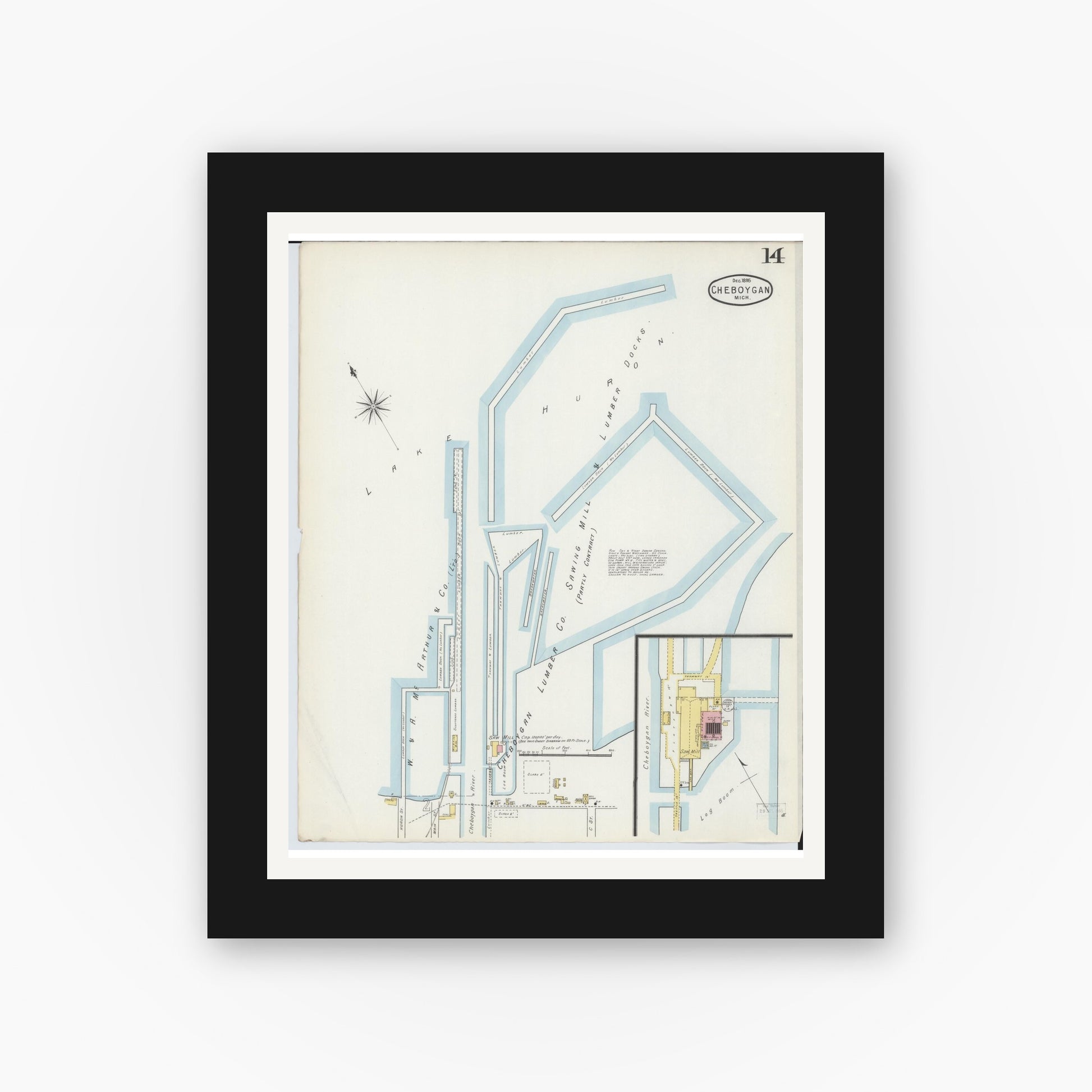Old map wall art mockup — black gallery frame with white mat — Sanborn Fire Insurance Map from Cheboygan, Cheboygan County, Michigan (1895), Sheet #0014