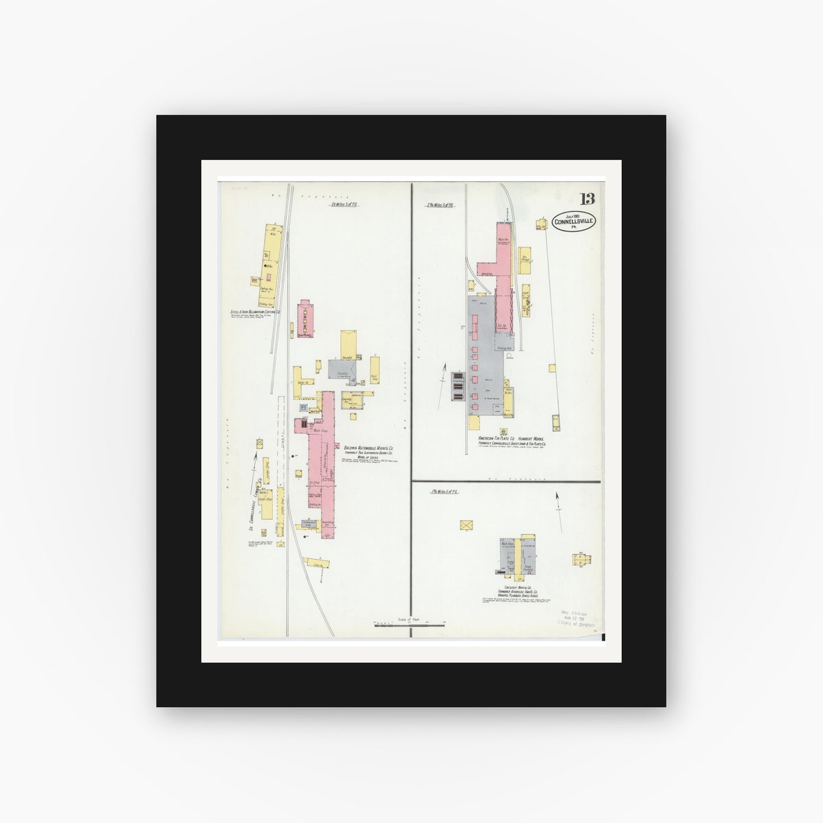 Old map wall art mockup — black gallery frame with white mat — Sanborn Fire Insurance Map from Connellsville, Fayette County, Pennsylvania (1901), Sheet #0013