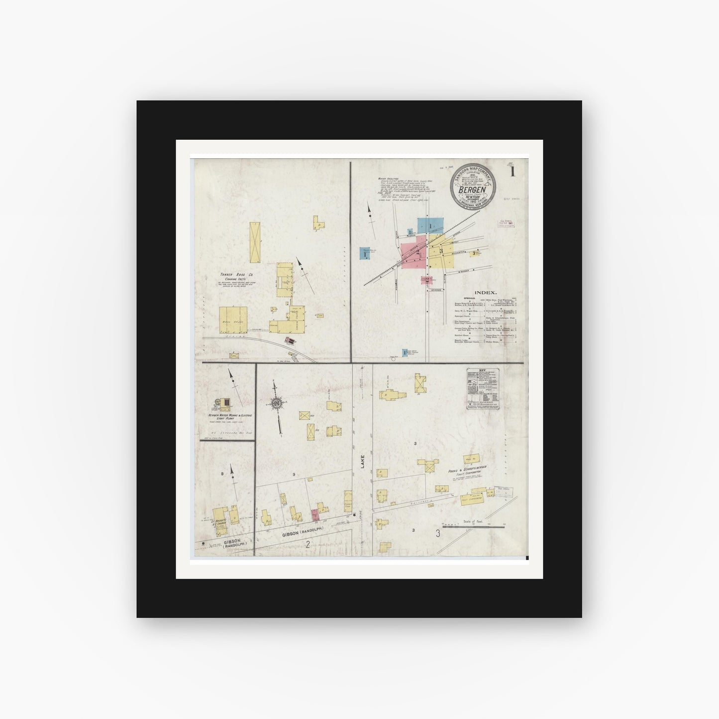 Old map wall art mockup — black gallery frame with white mat — Sanborn Fire Insurance Map from Bergen, Genesee County, New York (1910), Sheet #0001
