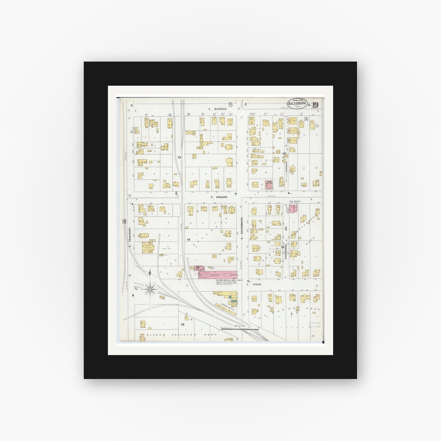 Old map wall art mockup — black gallery frame with white mat — Sanborn Fire Insurance Map from Galesburg, Knox County, Illinois (1906), Sheet #0019