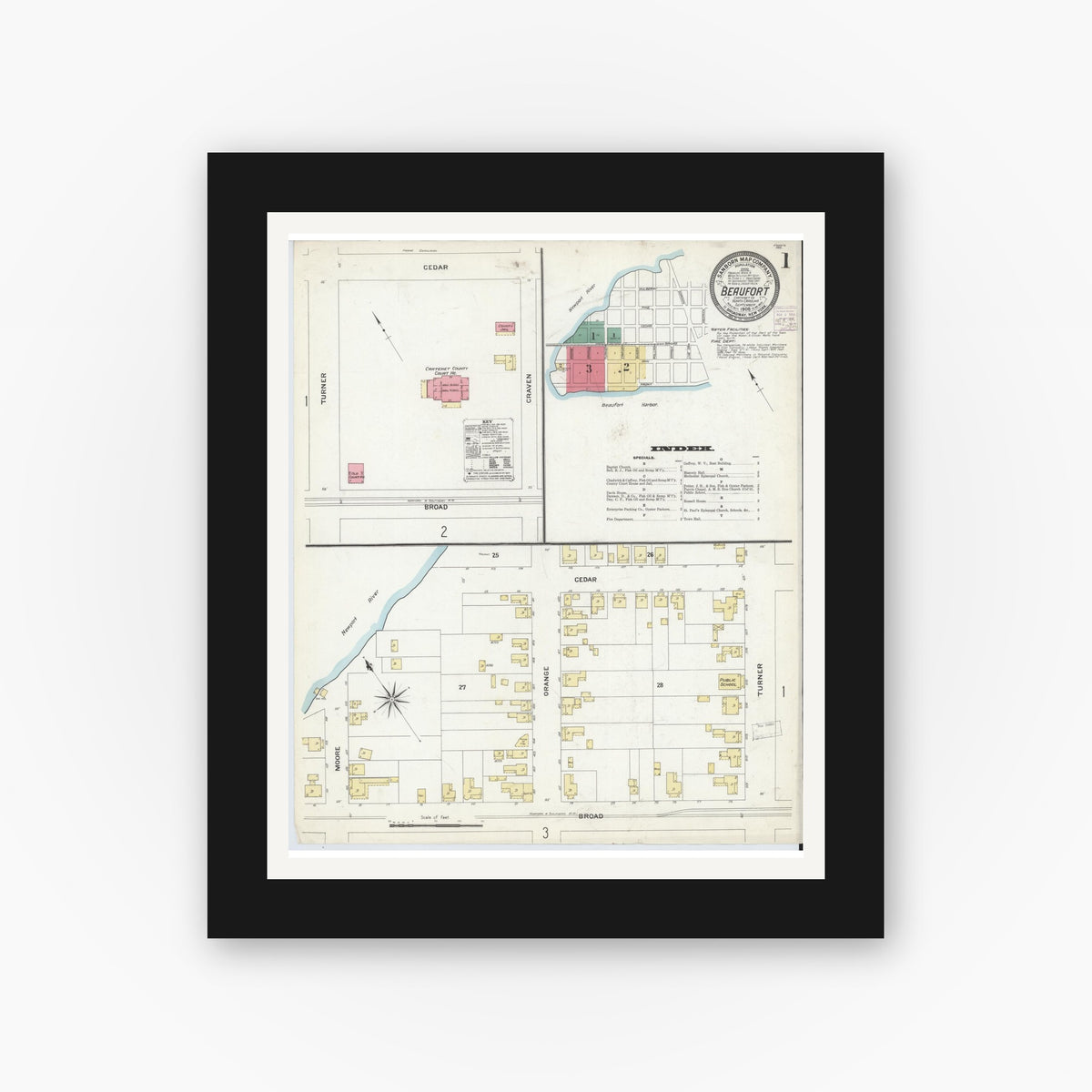 Old map wall art mockup — black gallery frame with white mat — Sanborn Fire Insurance Map from Beaufort, Carteret County, North Carolina (1908), Sheet #0001