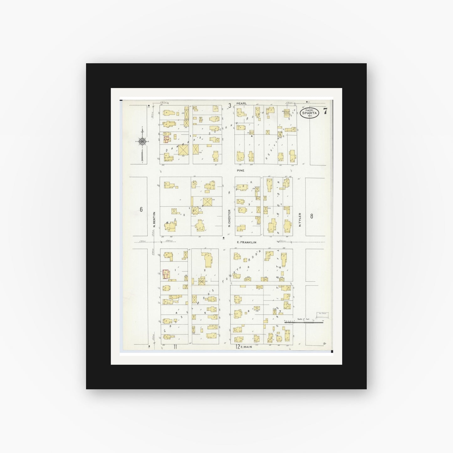 Old map wall art mockup — black gallery frame with white mat — Sanborn Fire Insurance Map from Sparta, Monroe County, Wisconsin (1911), Sheet #0007