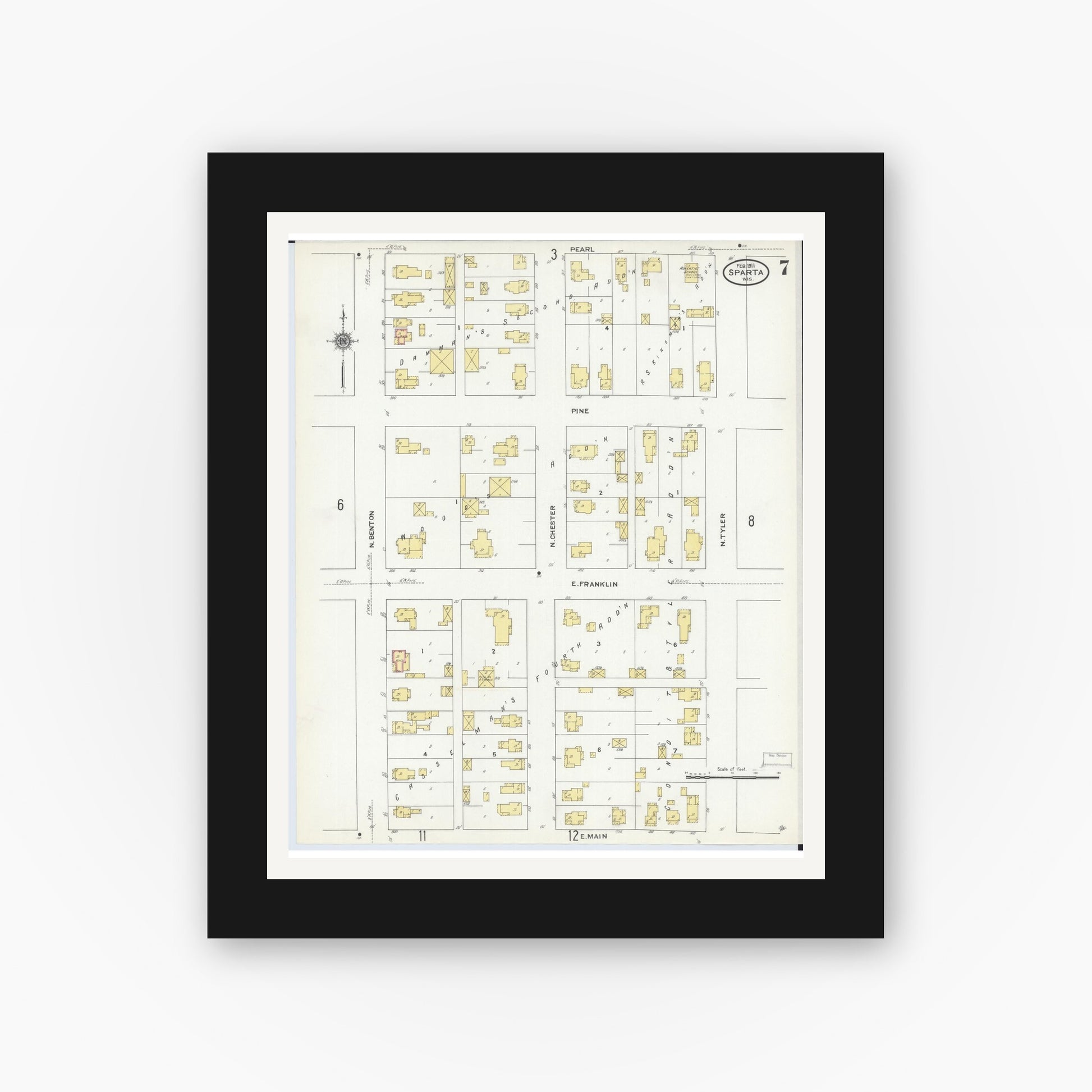 Old map wall art mockup — black gallery frame with white mat — Sanborn Fire Insurance Map from Sparta, Monroe County, Wisconsin (1911), Sheet #0007