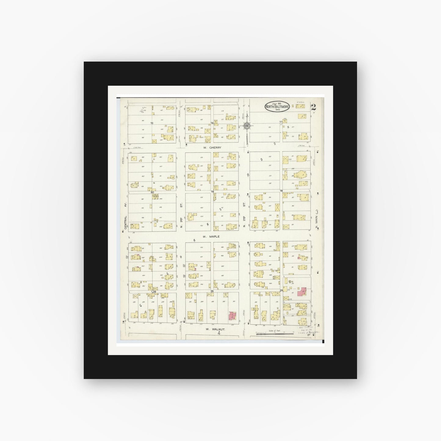 Old map wall art mockup — black gallery frame with white mat — Sanborn Fire Insurance Map from North Baltimore, Wood County, Ohio (1913), Sheet #0002