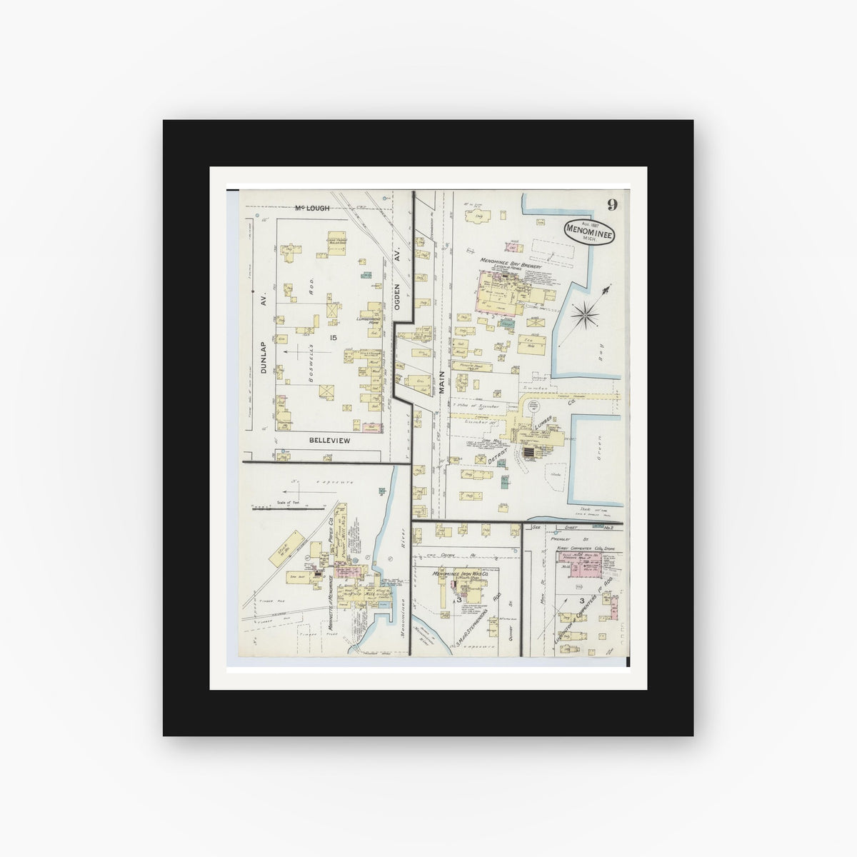 Old map wall art mockup — black gallery frame with white mat — Sanborn Fire Insurance Map from Menominee, Menominee County, Michigan (1887), Sheet #0009