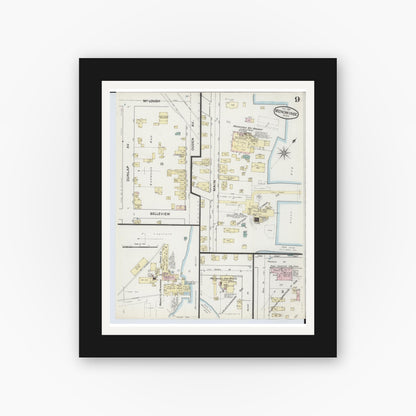 Old map wall art mockup — black gallery frame with white mat — Sanborn Fire Insurance Map from Menominee, Menominee County, Michigan (1887), Sheet #0009