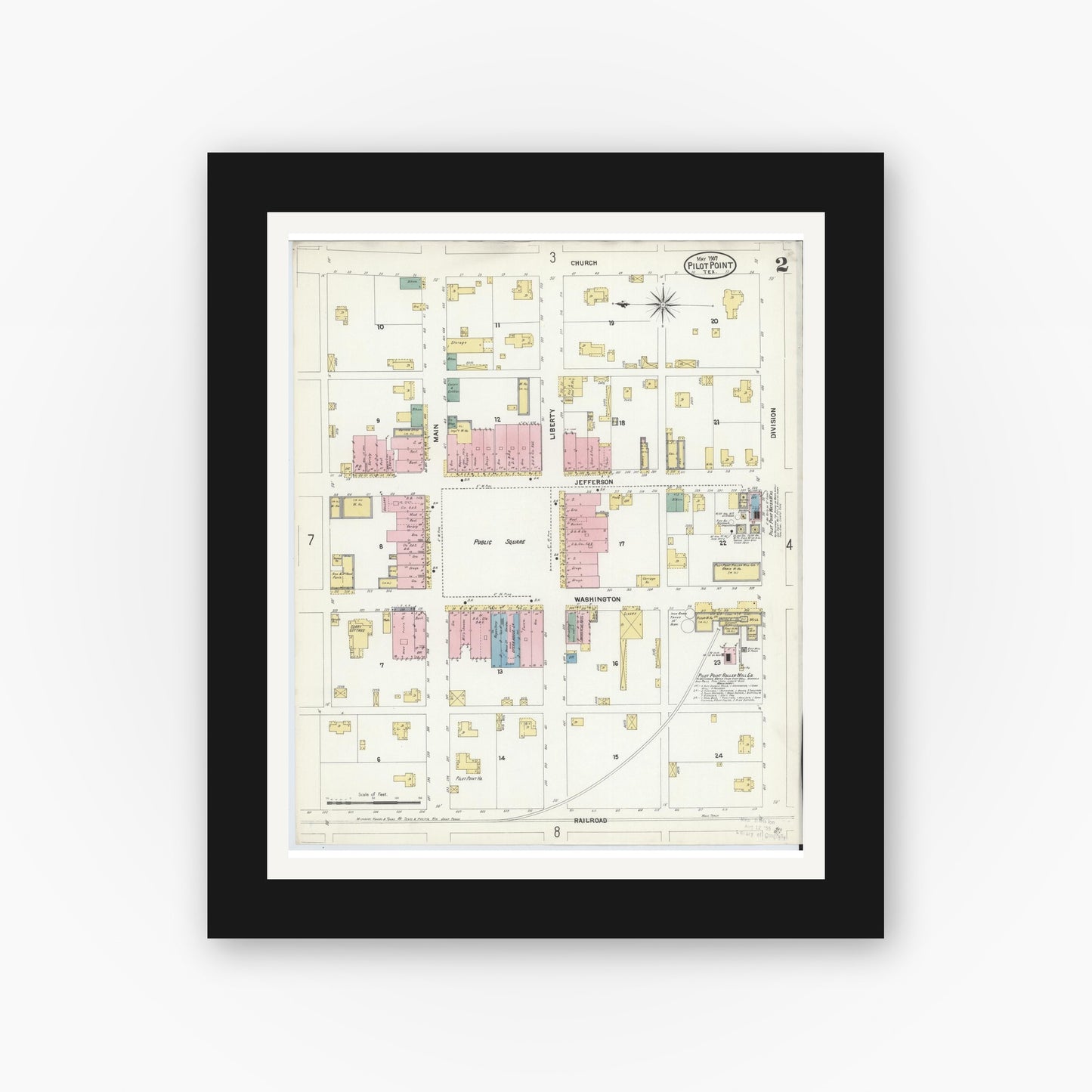 Old map wall art mockup — black gallery frame with white mat — Sanborn Fire Insurance Map from Pilot Point, Denton County, Texas (1907), Sheet #0002