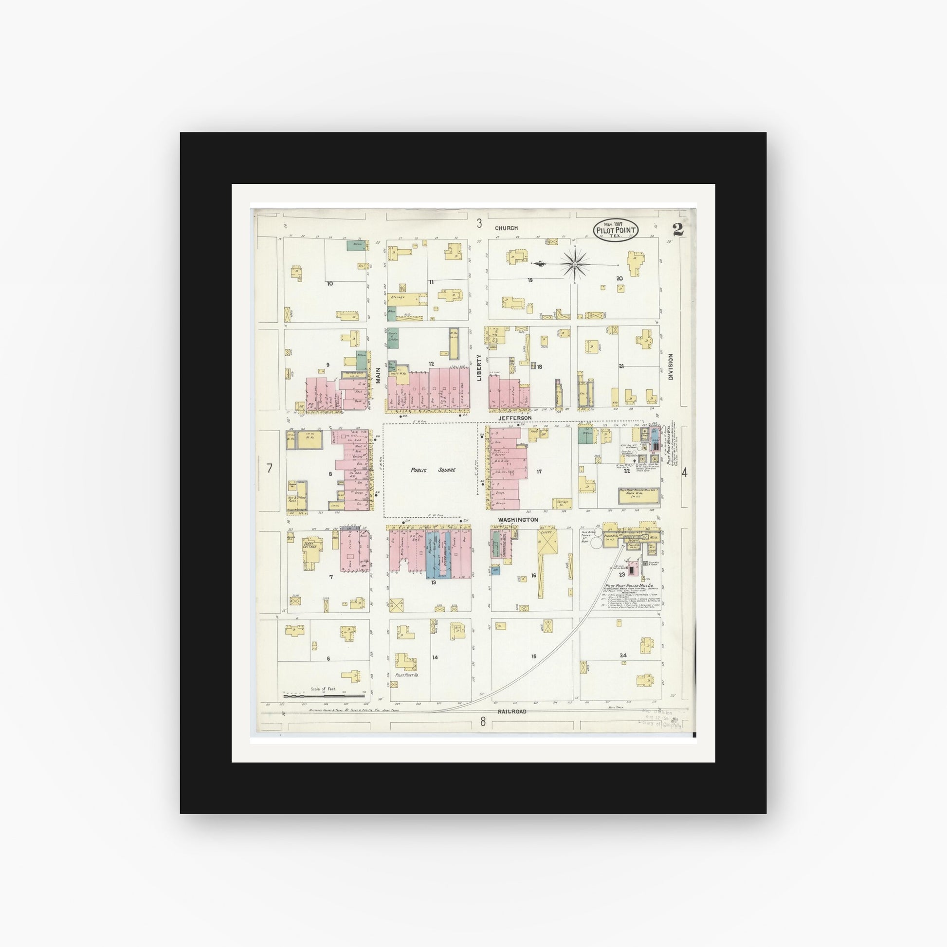 Old map wall art mockup — black gallery frame with white mat — Sanborn Fire Insurance Map from Pilot Point, Denton County, Texas (1907), Sheet #0002